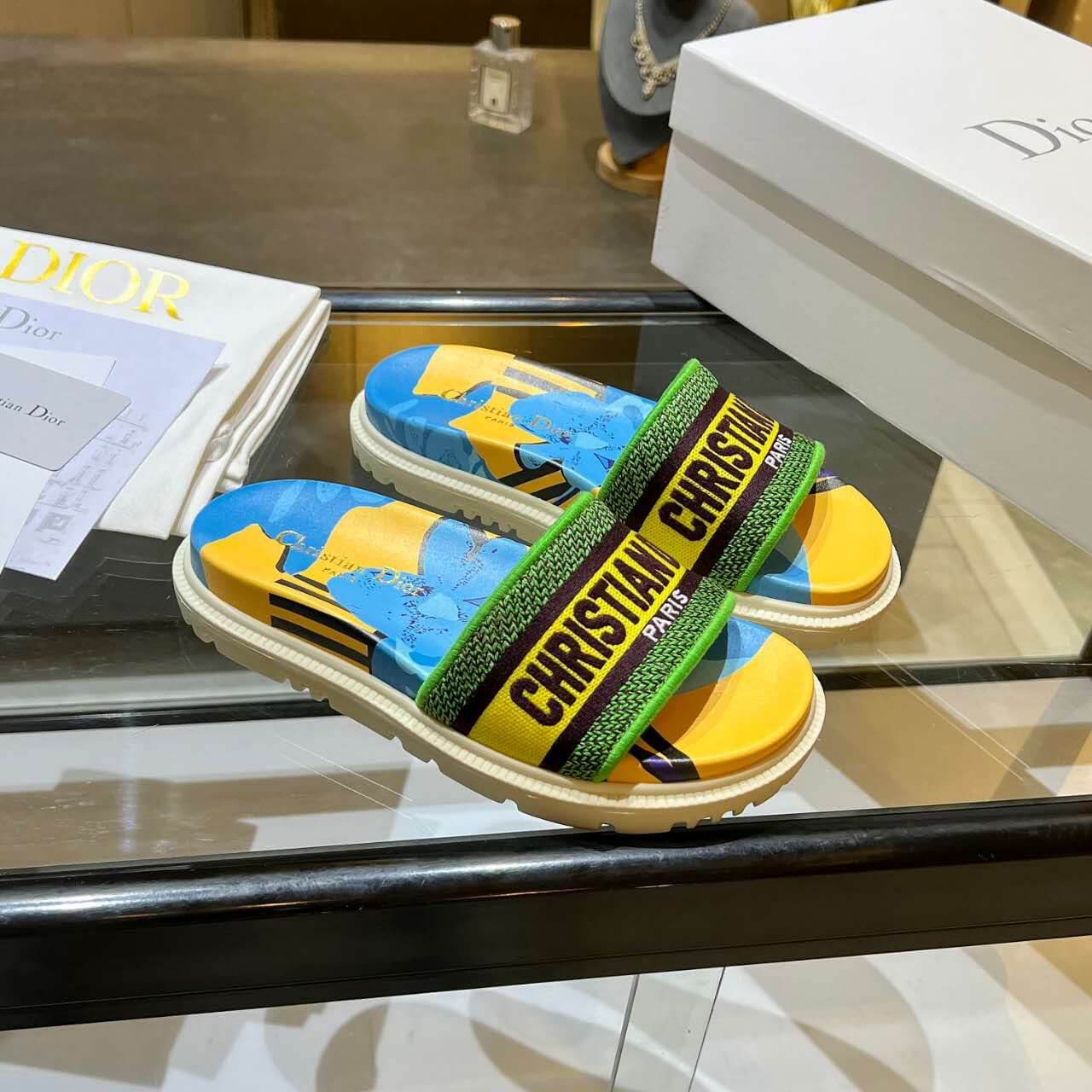 Dior D-Way Forest Green Multicolor with Cream and Yellow Embroidered Strap Slide