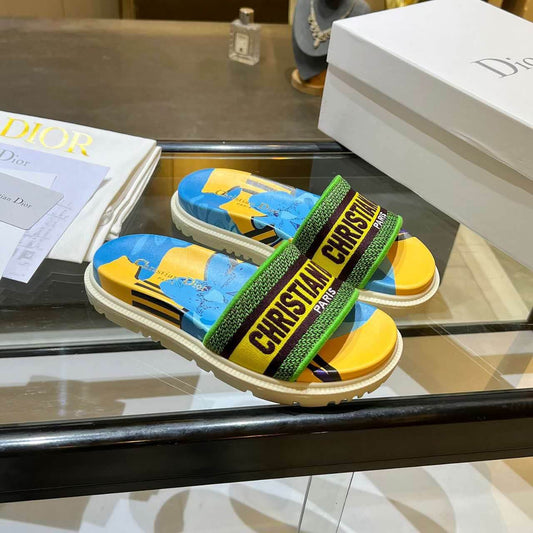 Dior D-Way Forest Green Multicolor with Cream and Yellow Embroidered Strap Slide