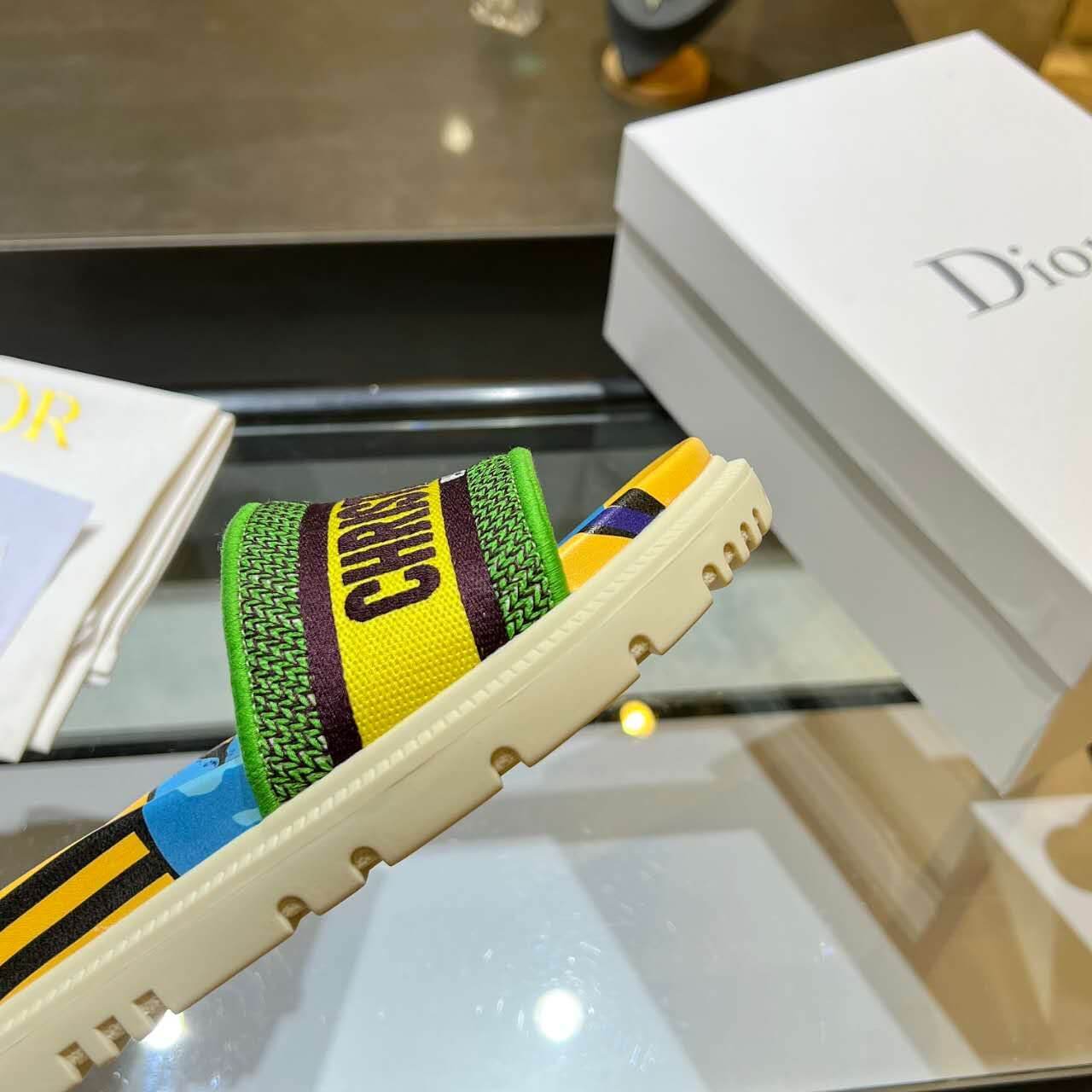 Dior D-Way Forest Green Multicolor with Cream and Yellow Embroidered Strap Slide
