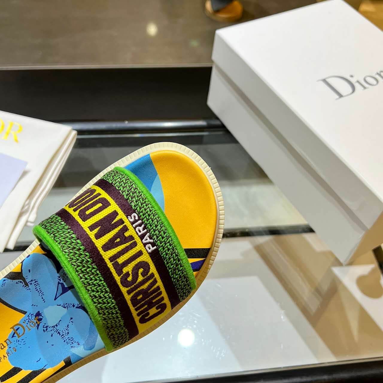Dior D-Way Forest Green Multicolor with Cream and Yellow Embroidered Strap Slide