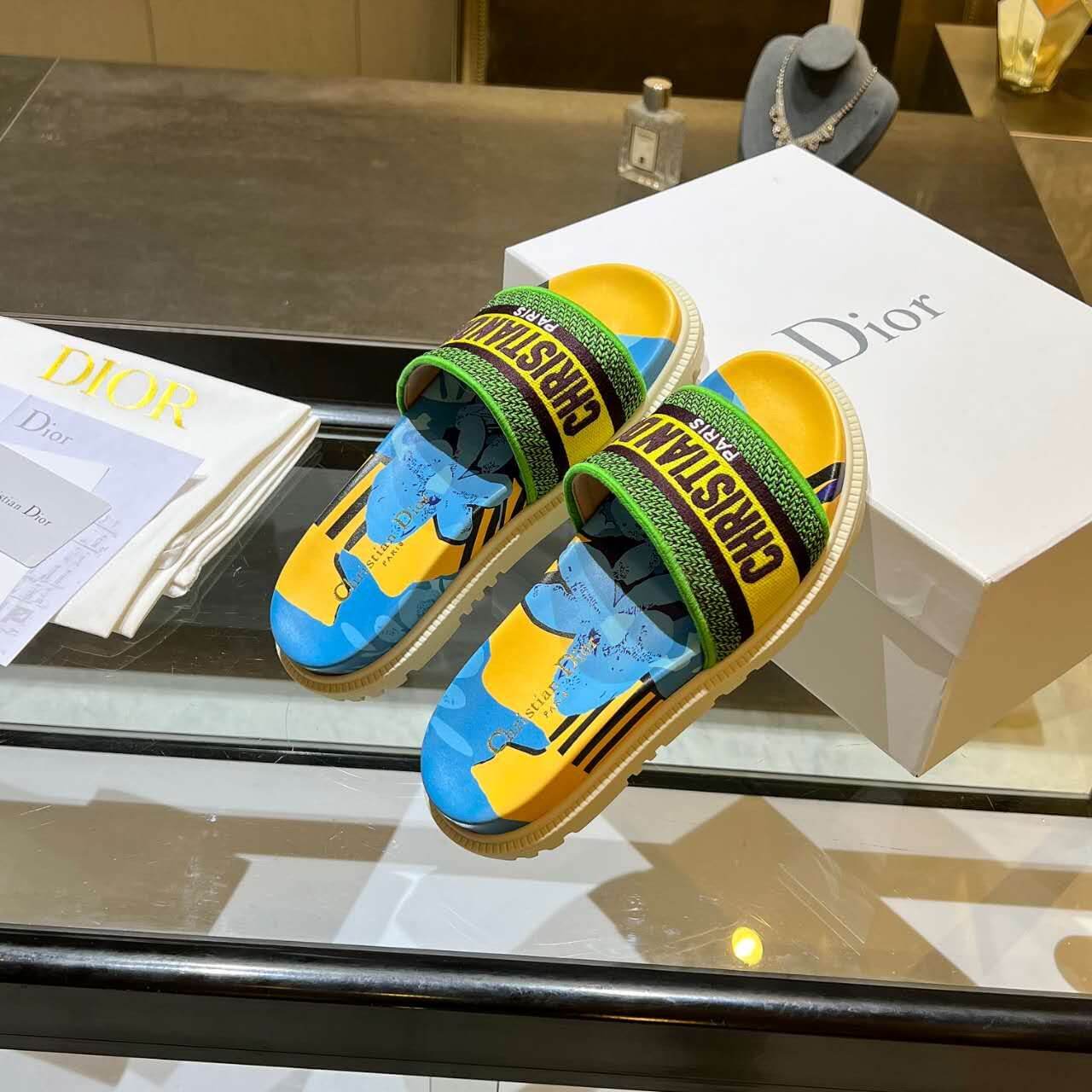 Dior D-Way Forest Green Multicolor with Cream and Yellow Embroidered Strap Slide