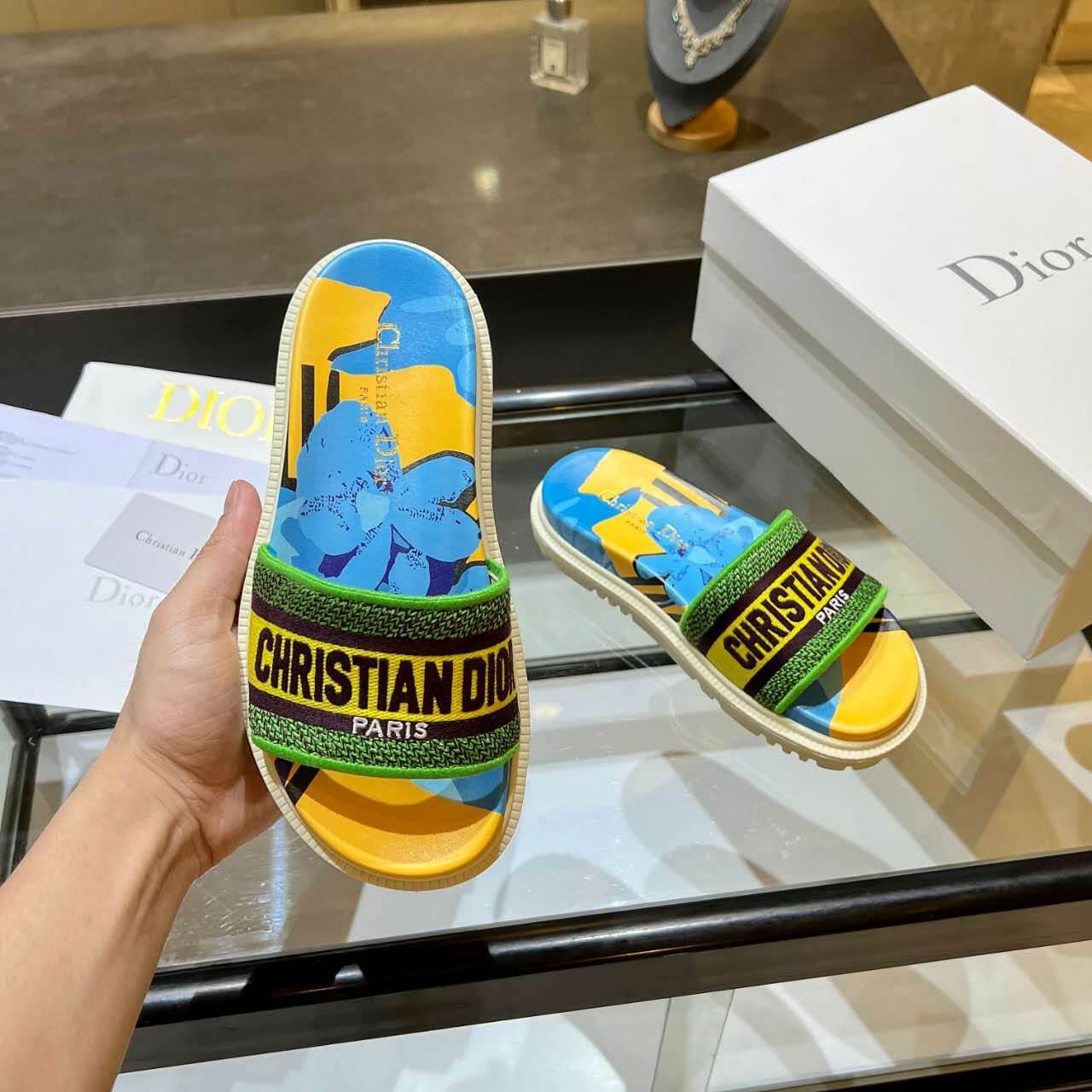 Dior D-Way Forest Green Multicolor with Cream and Yellow Embroidered Strap Slide