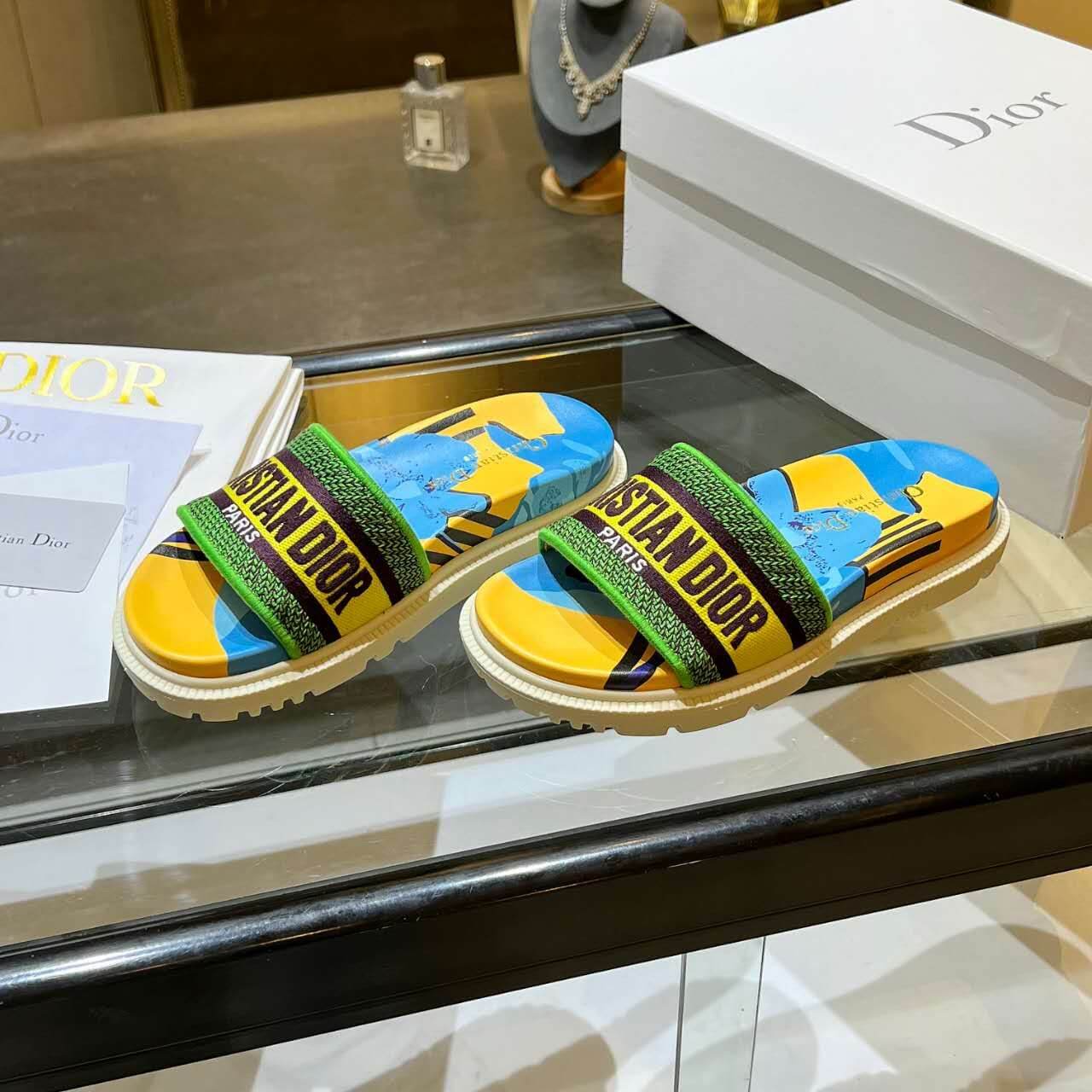 Dior D-Way Forest Green Multicolor with Cream and Yellow Embroidered Strap Slide