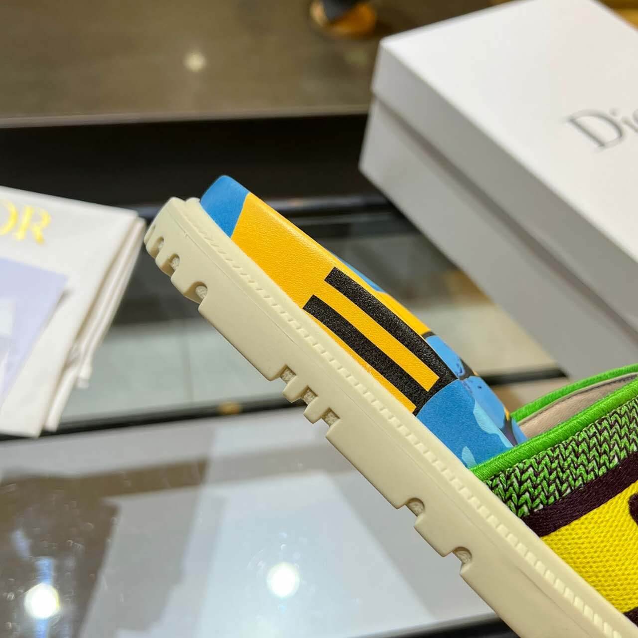 Dior D-Way Forest Green Multicolor with Cream and Yellow Embroidered Strap Slide