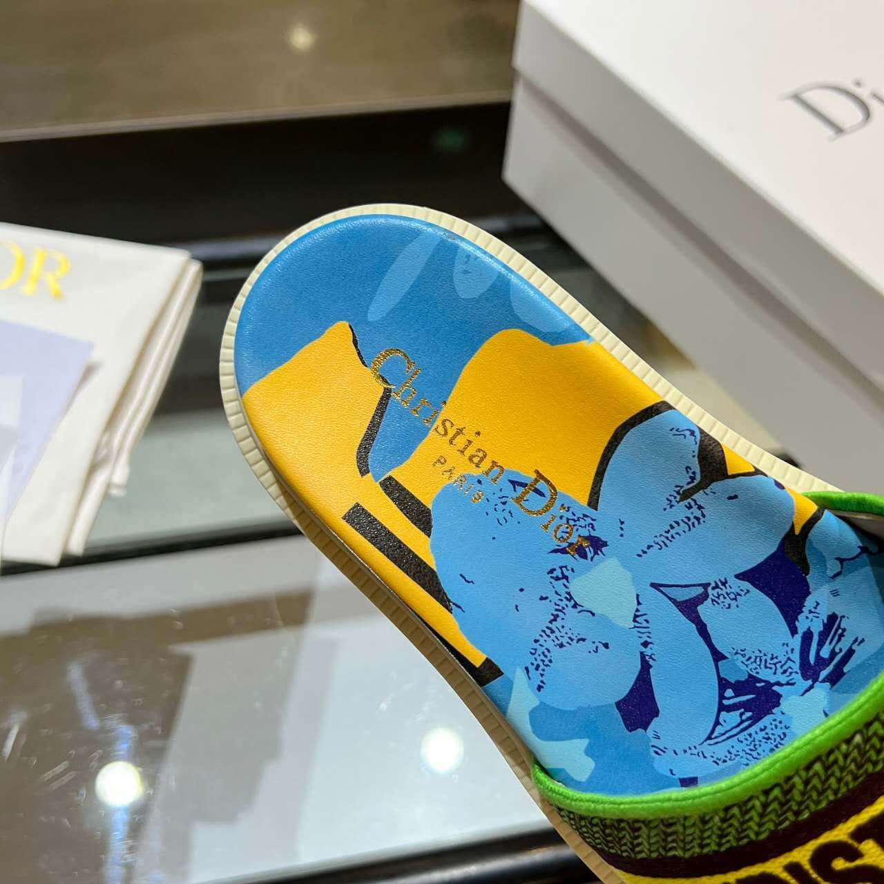 Dior D-Way Forest Green Multicolor with Cream and Yellow Embroidered Strap Slide