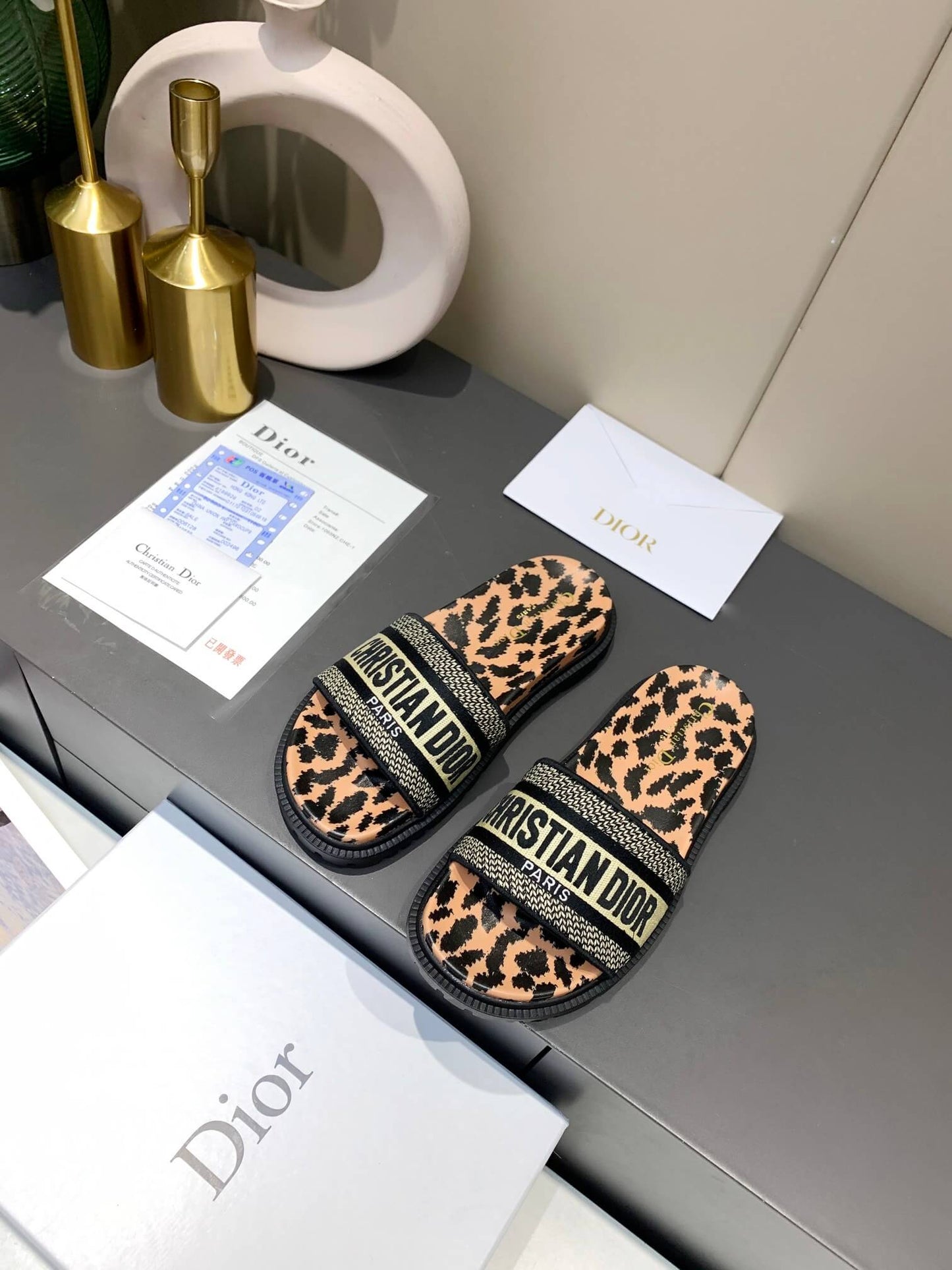 Dior D-Way  Leopard Print with Gold Embroidered Strap Slides