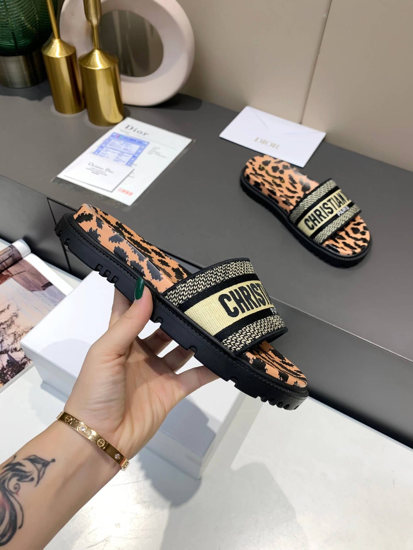 Dior D-Way  Leopard Print with Gold Embroidered Strap Slides