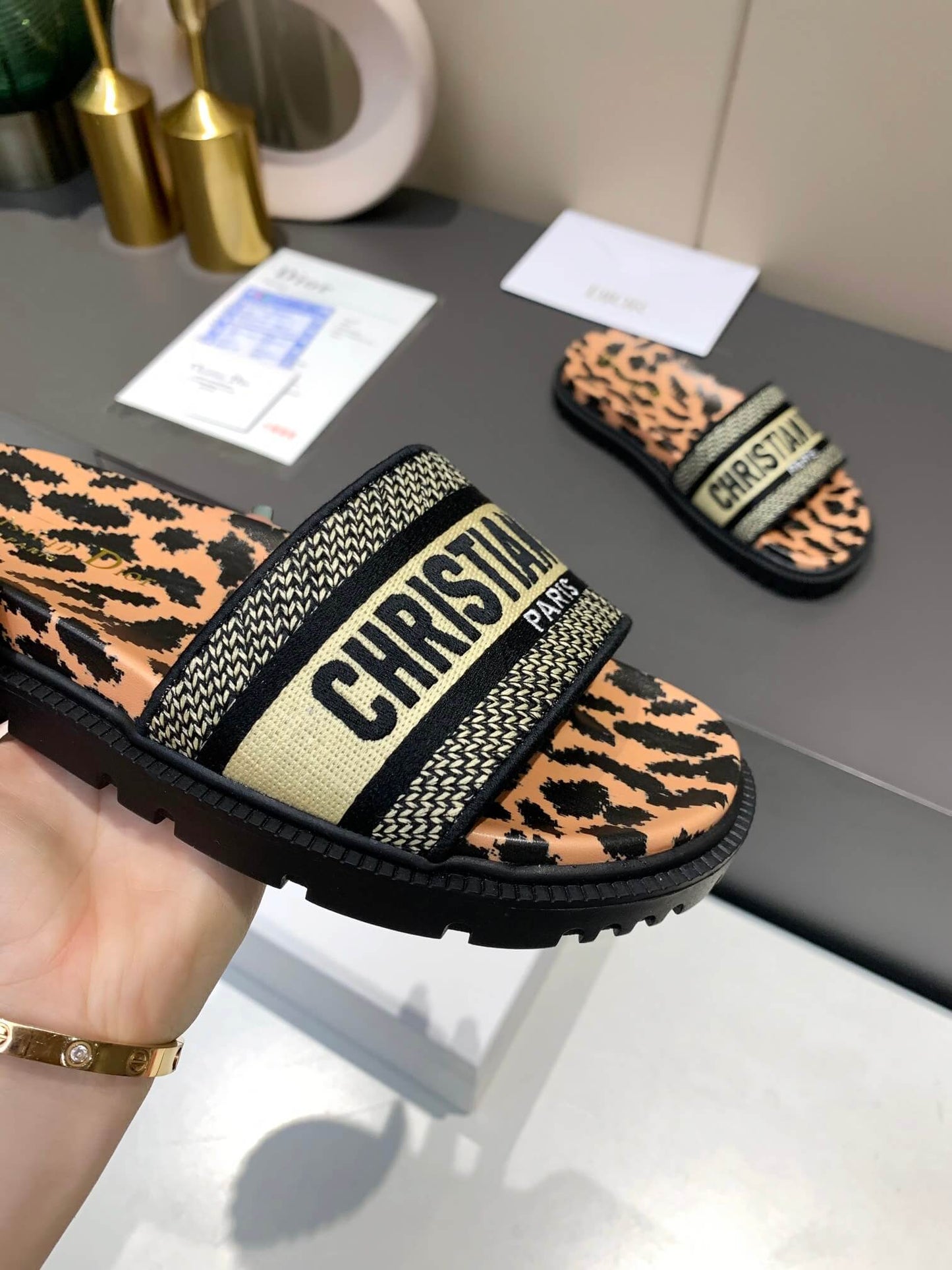 Dior D-Way  Leopard Print with Gold Embroidered Strap Slides