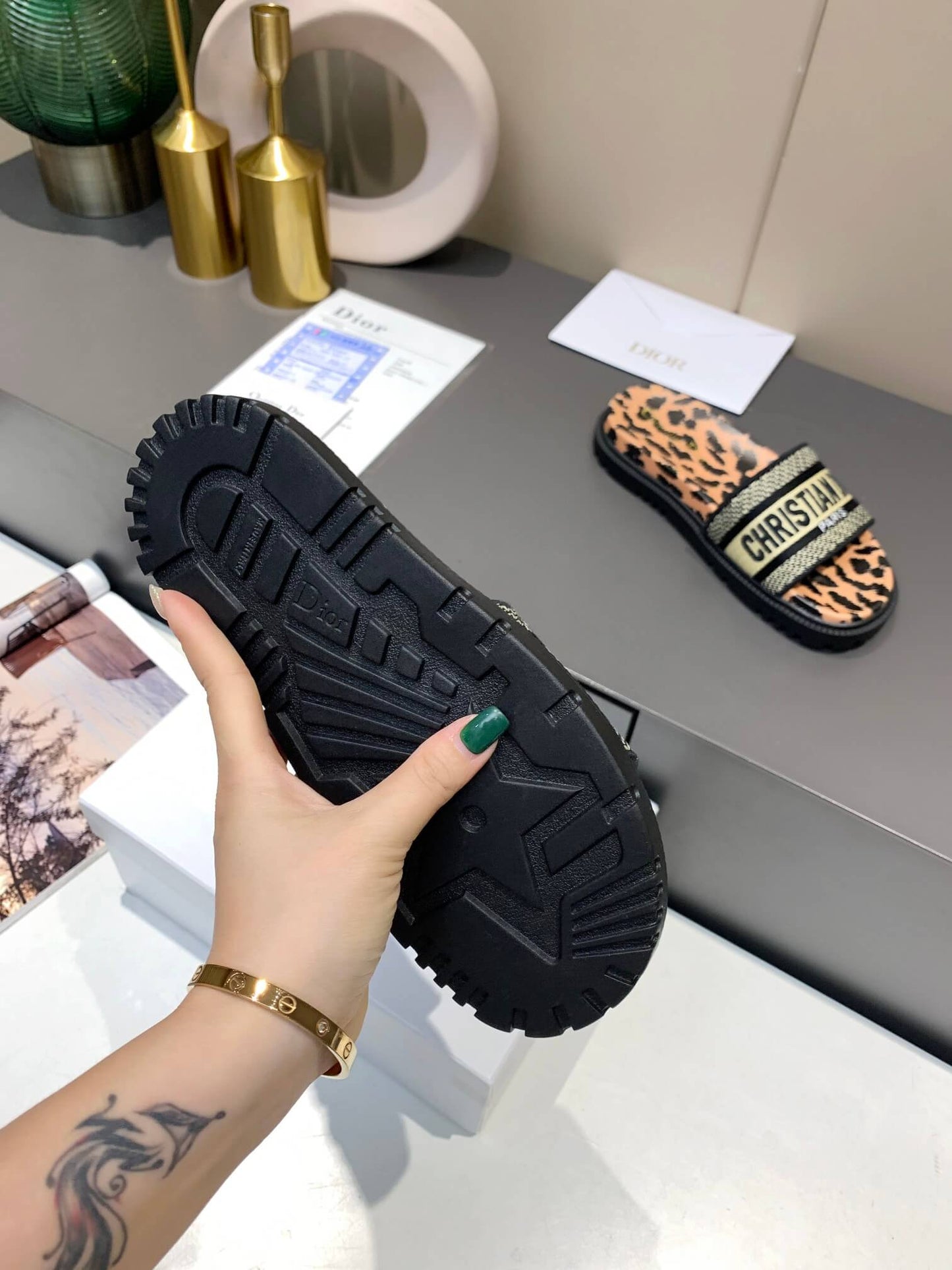 Dior D-Way  Leopard Print with Gold Embroidered Strap Slides