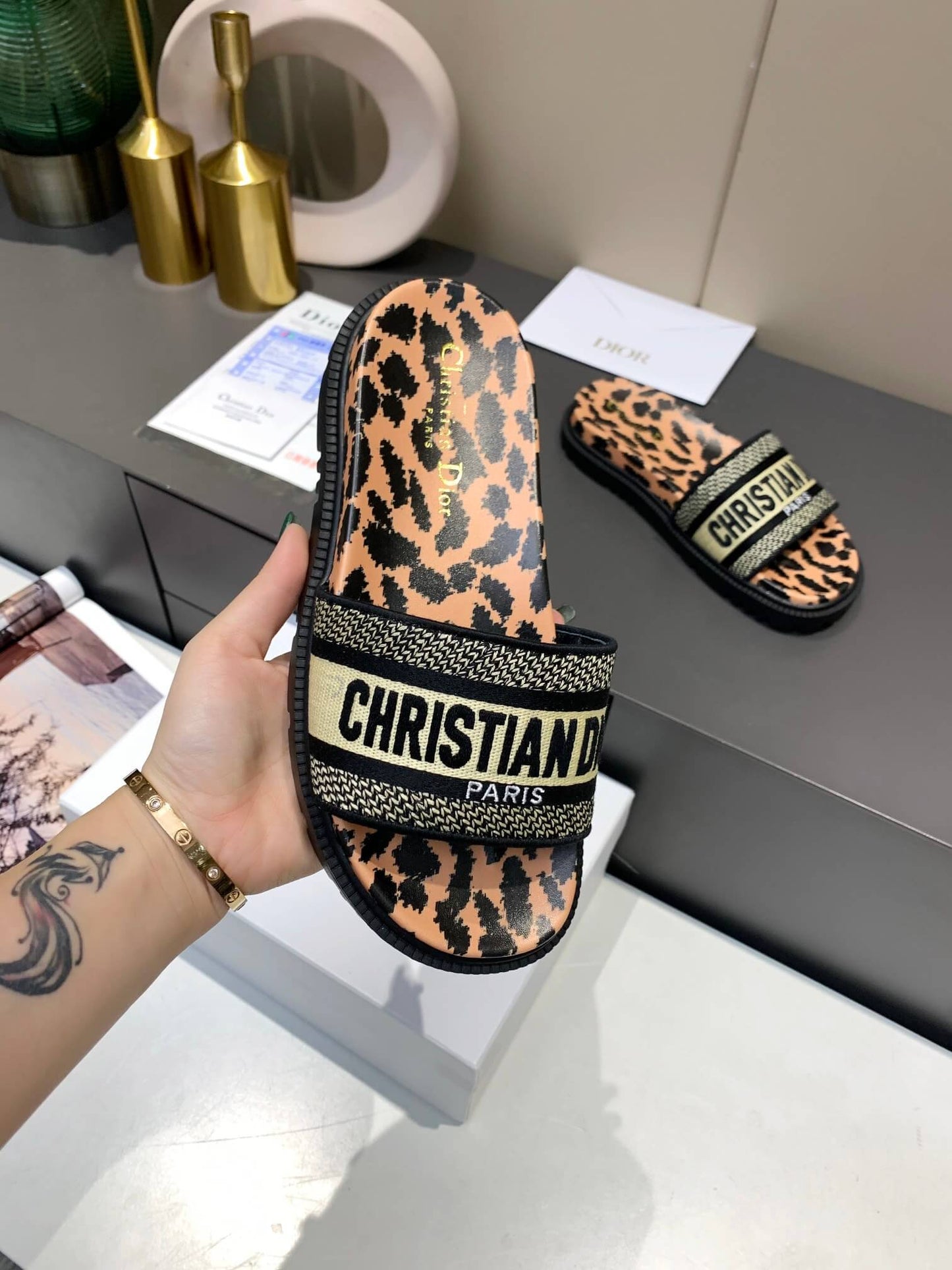 Dior D-Way  Leopard Print with Gold Embroidered Strap Slides