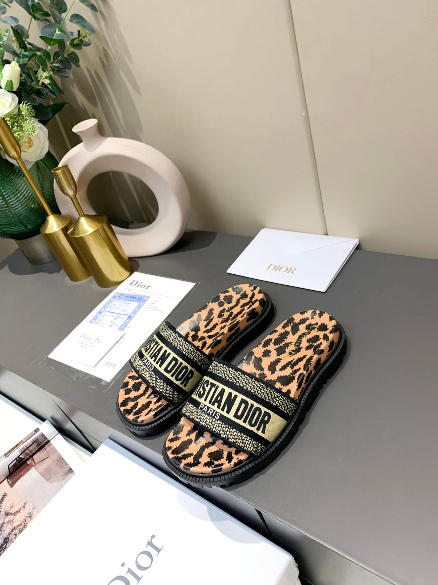 Dior D-Way  Leopard Print with Gold Embroidered Strap Slides