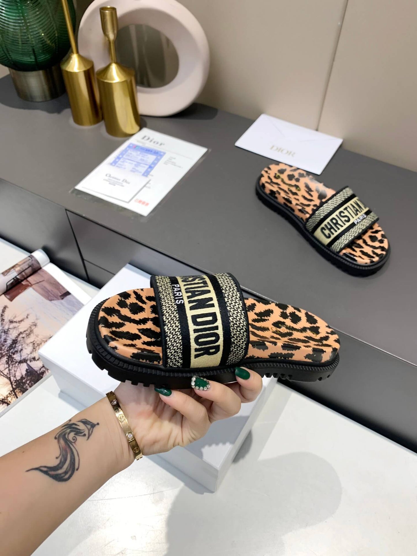 Dior D-Way  Leopard Print with Gold Embroidered Strap Slides