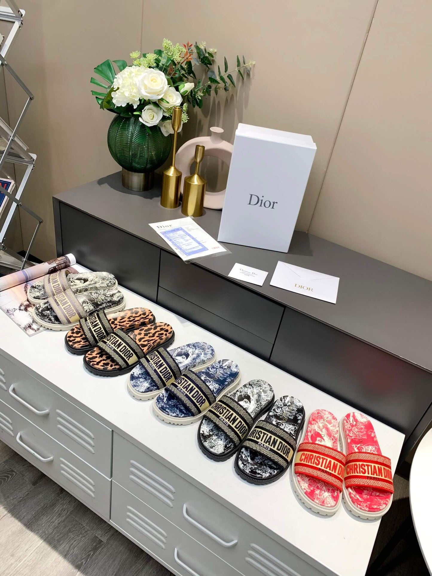 Dior D-Way  Leopard Print with Gold Embroidered Strap Slides