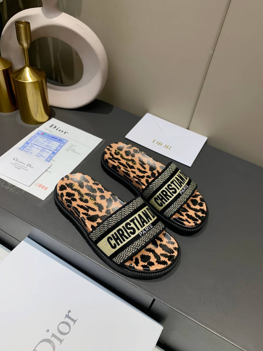 Dior D-Way  Leopard Print with Gold Embroidered Strap Slides