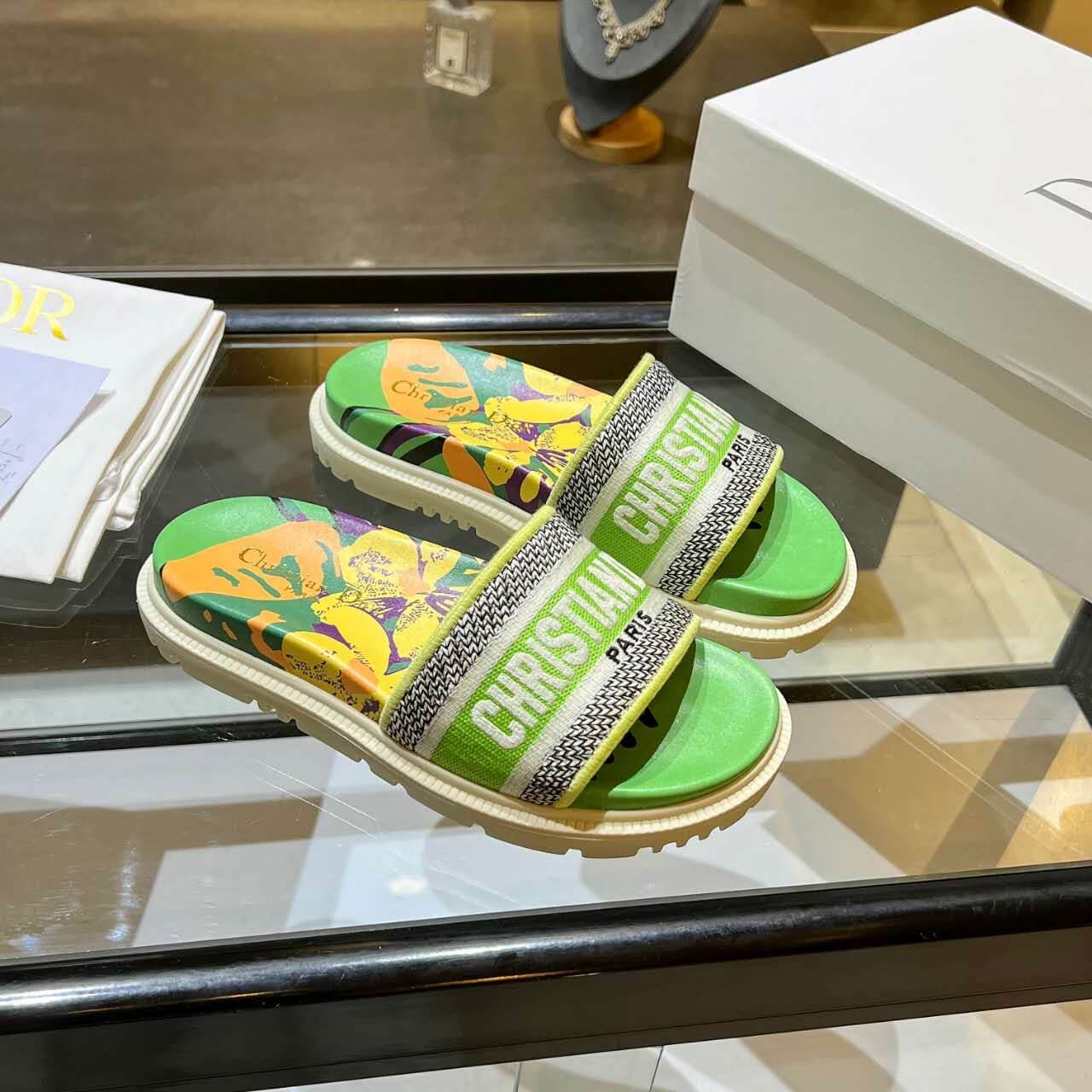 Dior D-Way Lime Green Multicolor with Cream Embroidered Strap Slide
