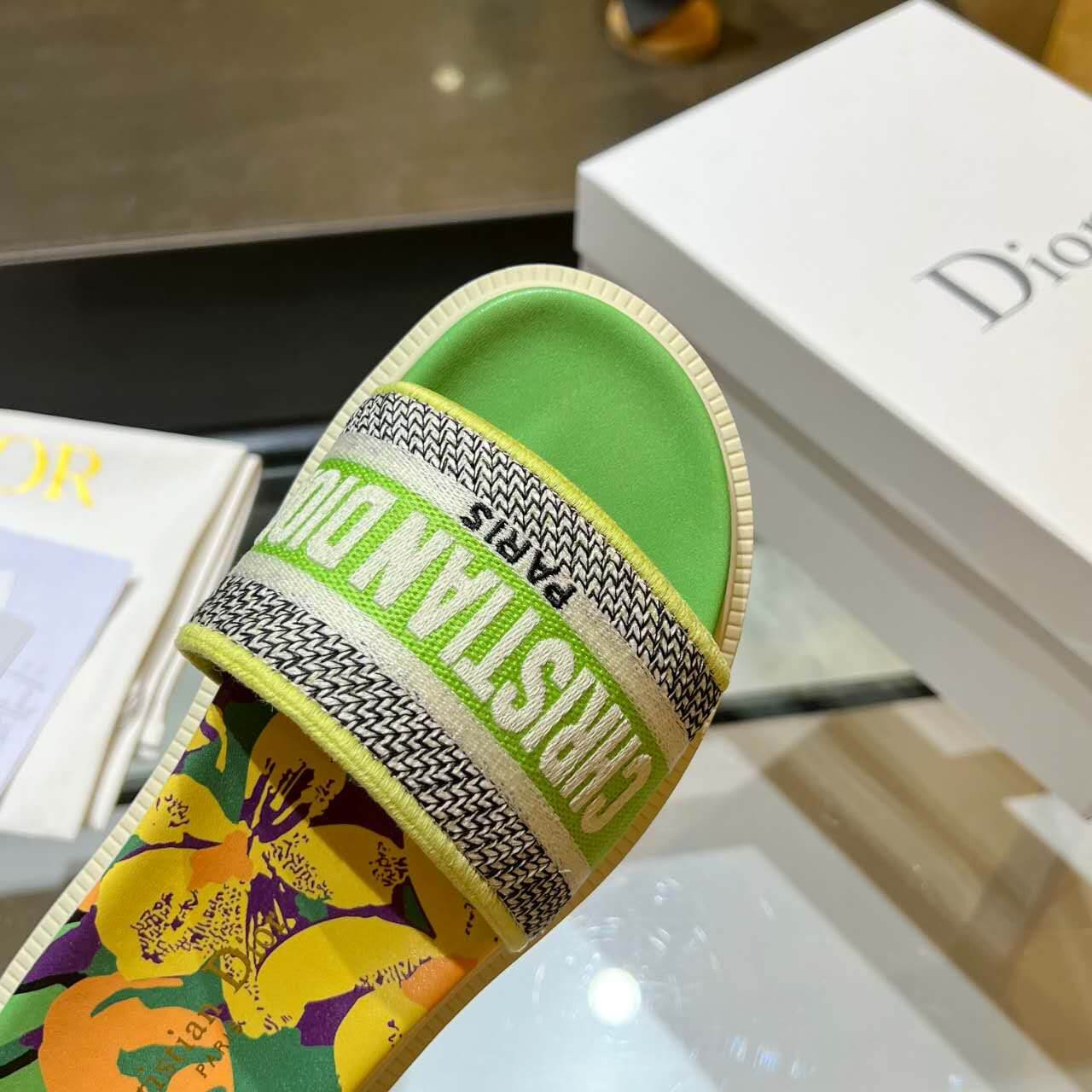 Dior D-Way Lime Green Multicolor with Cream Embroidered Strap Slide