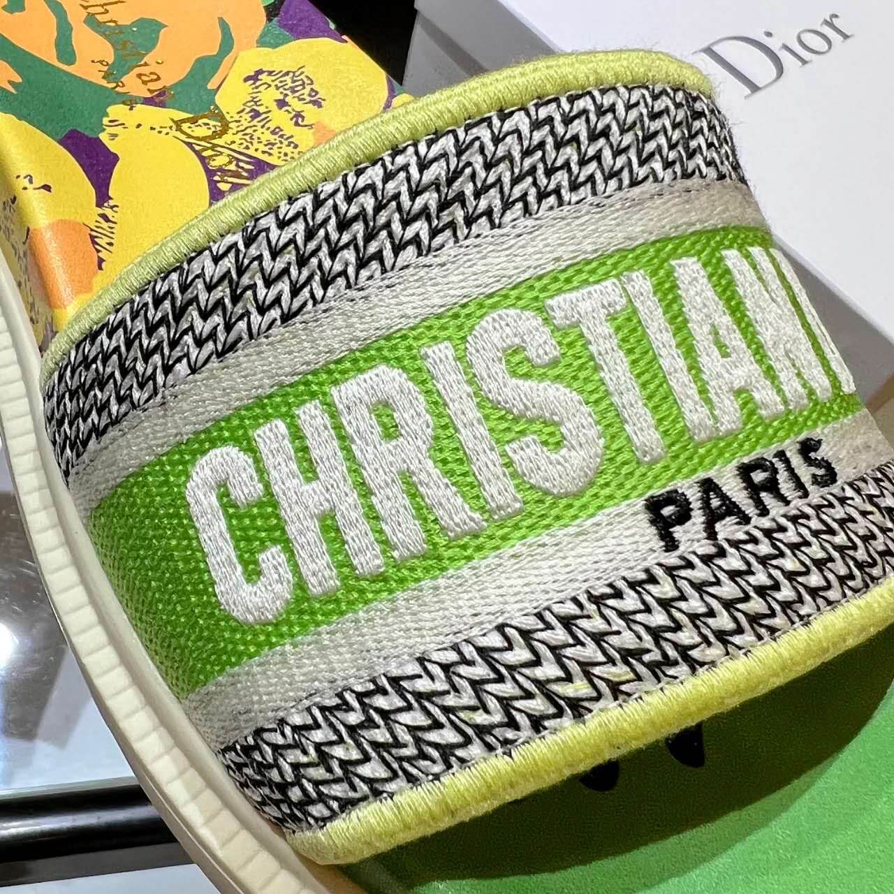Dior D-Way Lime Green Multicolor with Cream Embroidered Strap Slide
