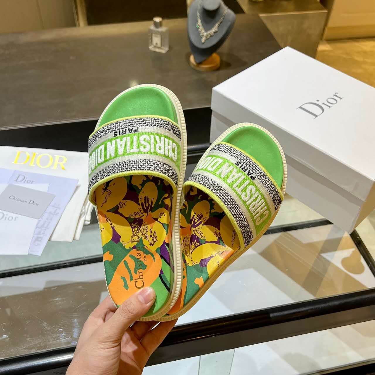 Dior D-Way Lime Green Multicolor with Cream Embroidered Strap Slide