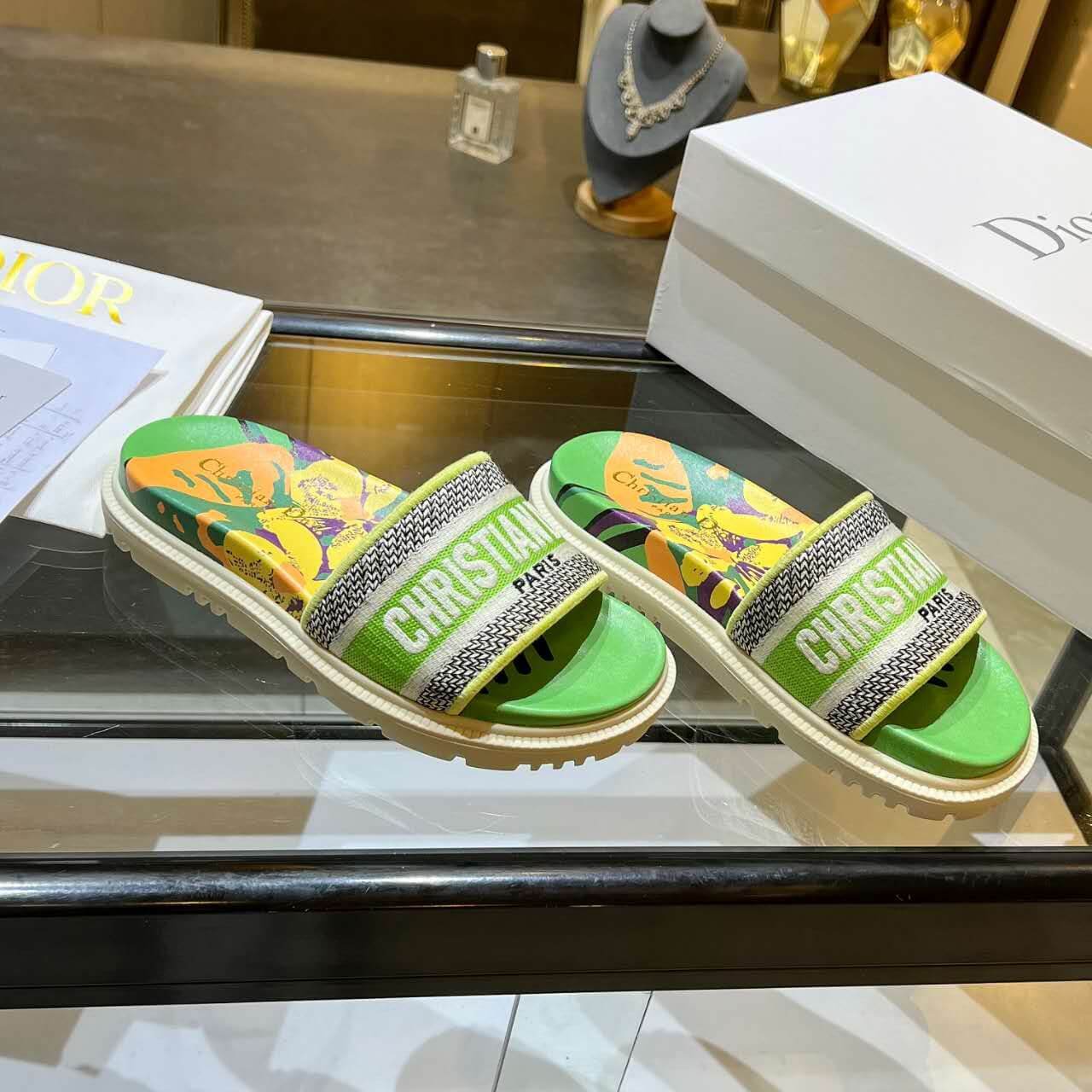 Dior D-Way Lime Green Multicolor with Cream Embroidered Strap