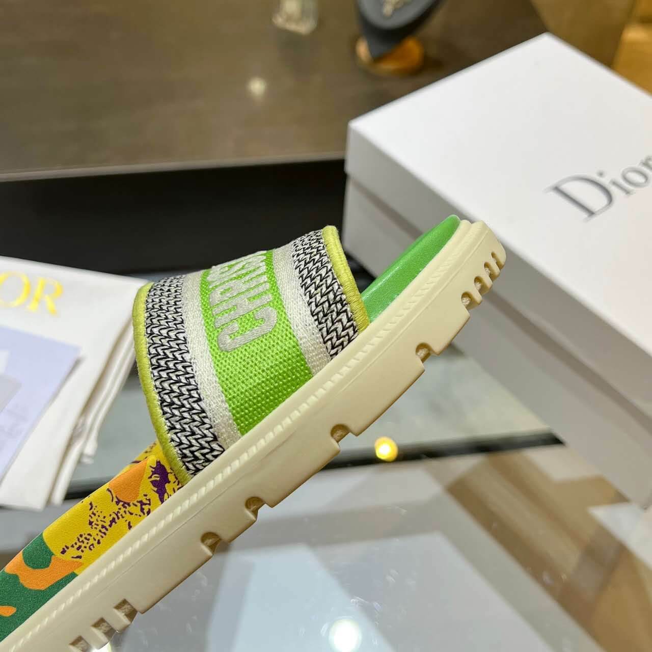Dior D-Way Lime Green Multicolor with Cream Embroidered Strap Slide