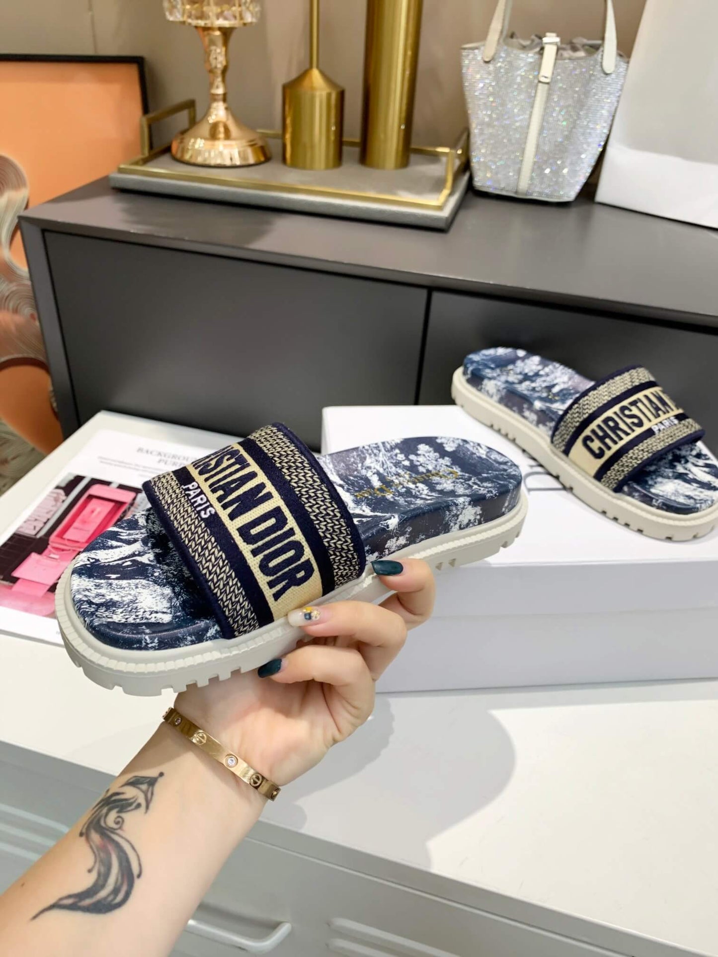 Dior D-Way Navy Blue Toile de Jouy with Beige Embroidered Strap Slides