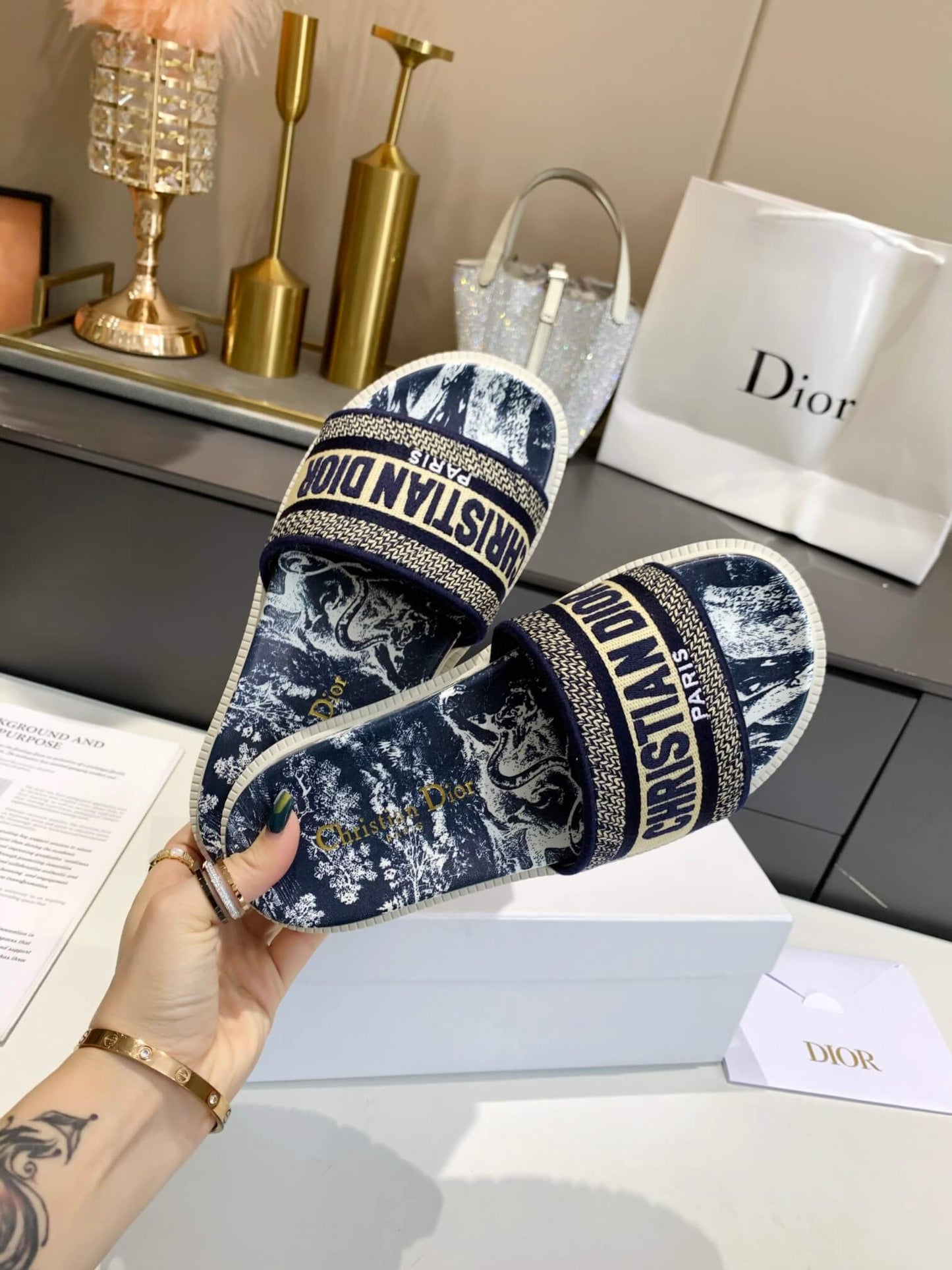 Dior D-Way Navy Blue Toile de Jouy with Beige Embroidered Strap Slides