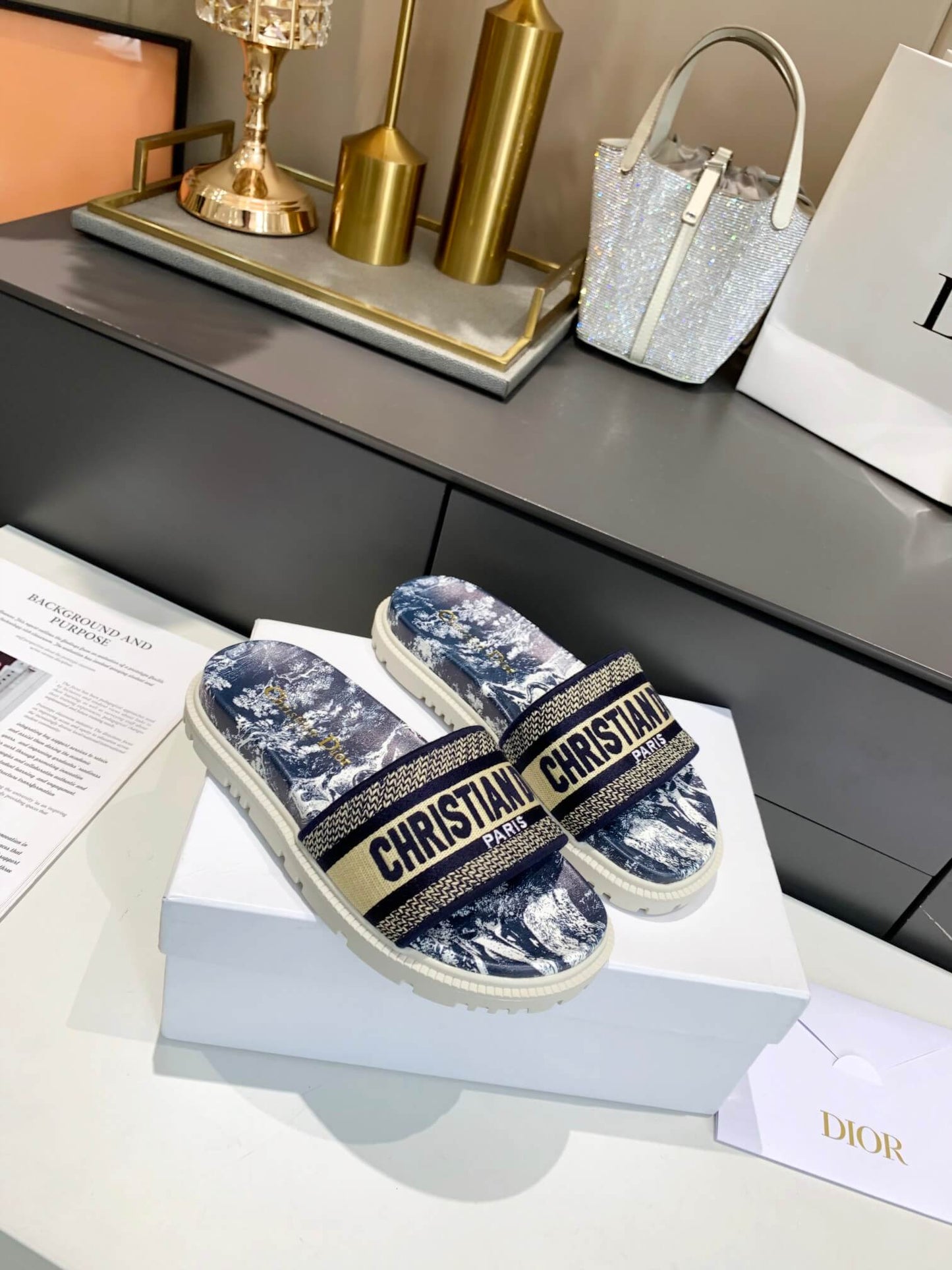 Dior D-Way Navy Blue Toile de Jouy with Beige Embroidered Strap Slides