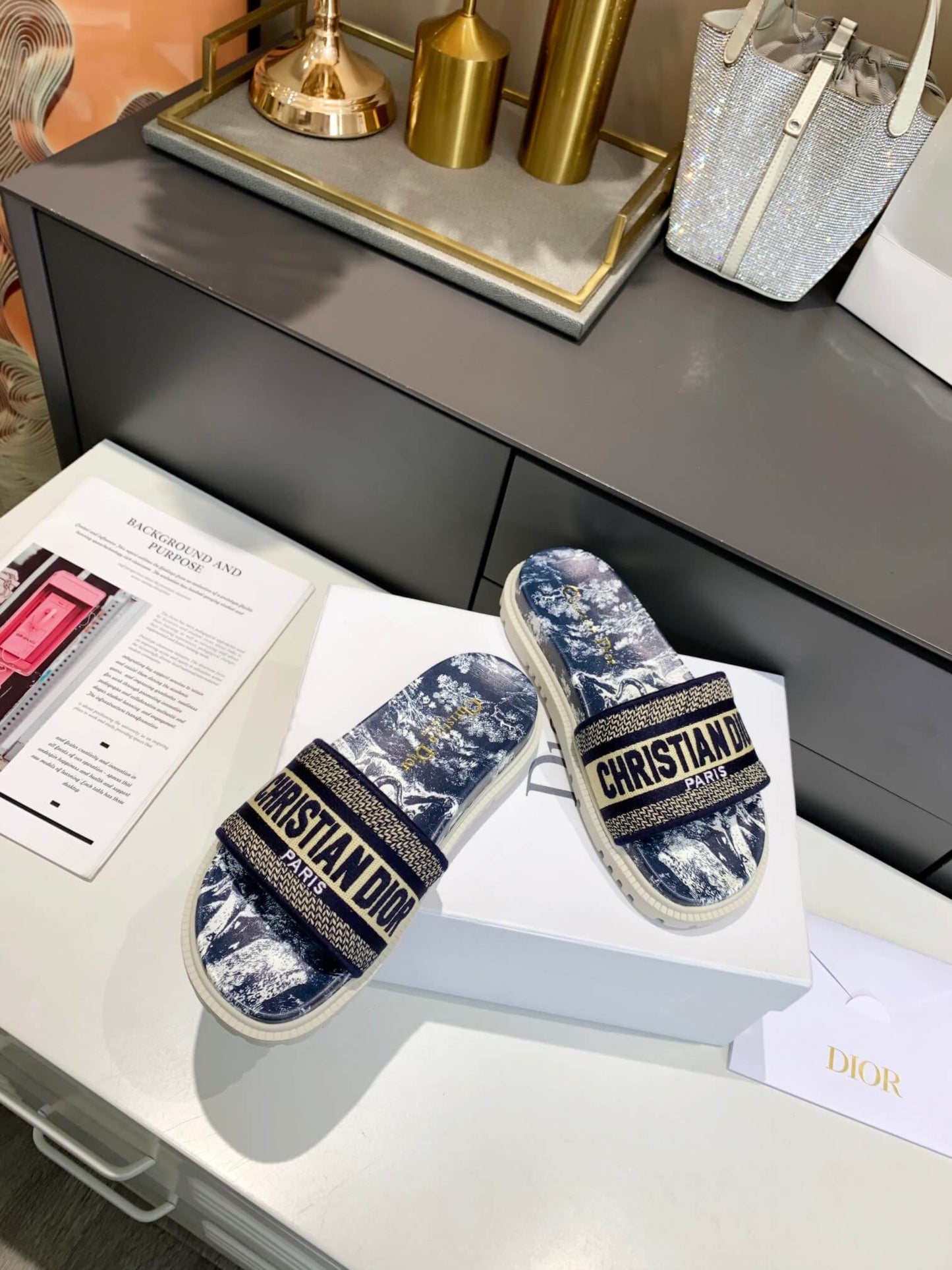 Dior D-Way Navy Blue Toile de Jouy with Beige Embroidered Strap Slides