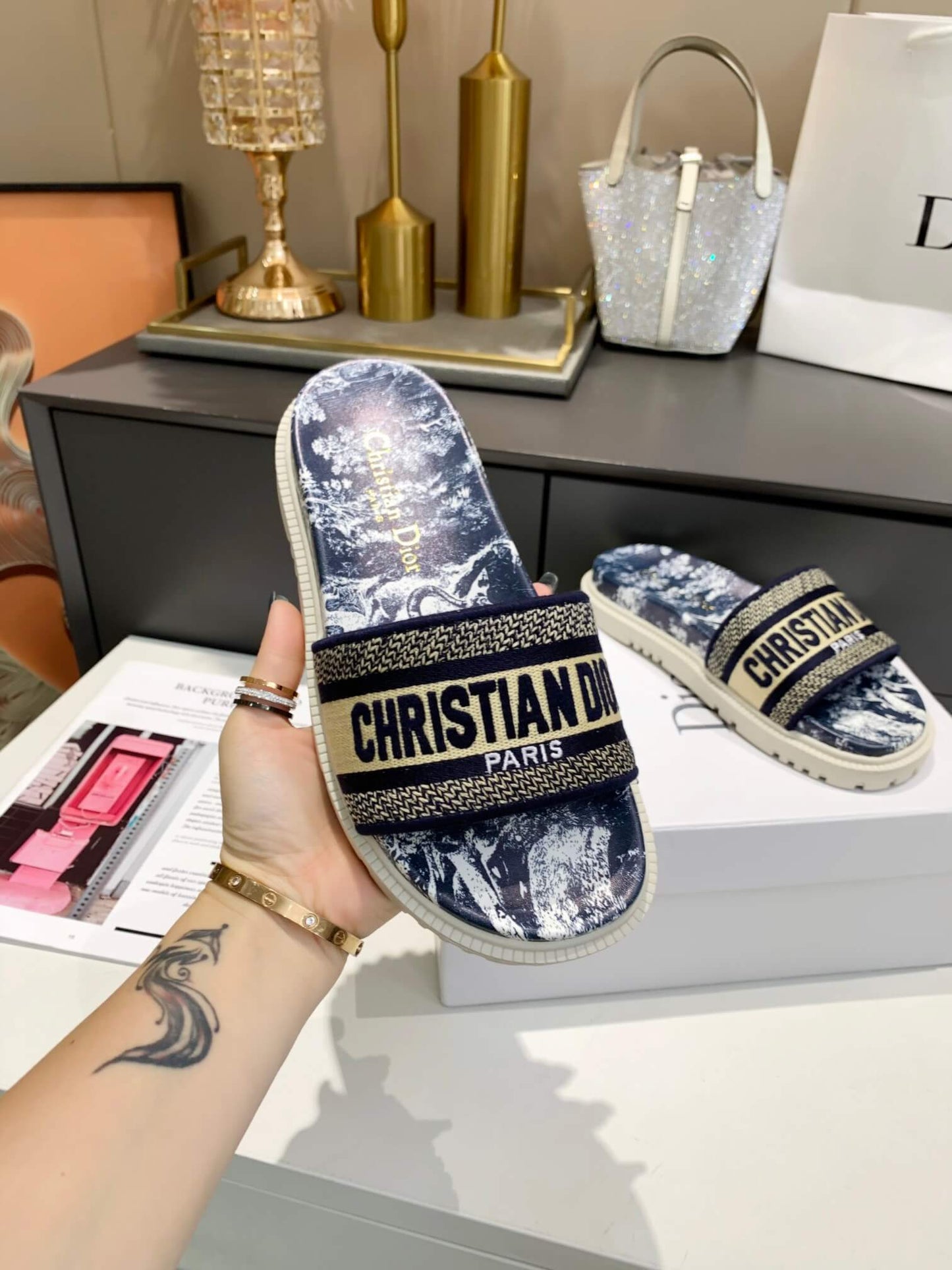 Dior D-Way Navy Blue Toile de Jouy with Beige Embroidered Strap Slides