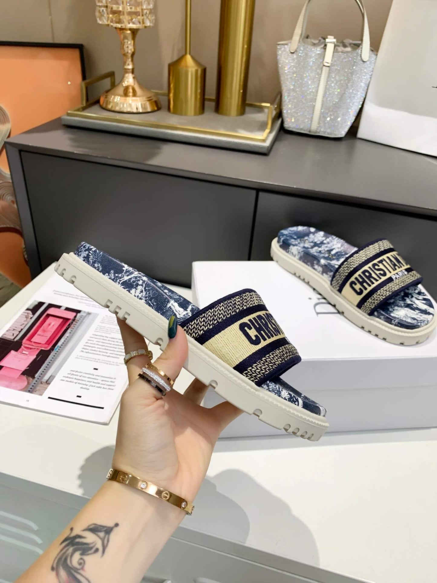 Dior D-Way Navy Blue Toile de Jouy with Beige Embroidered Strap Slides