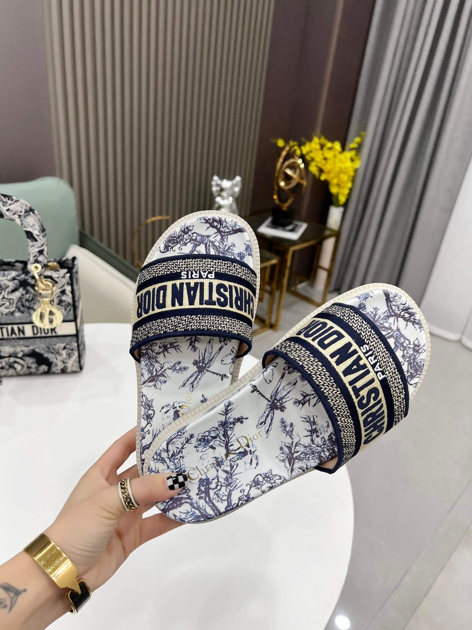 Dior D-Way Navy Blue and White Toile de Jouy with Cream