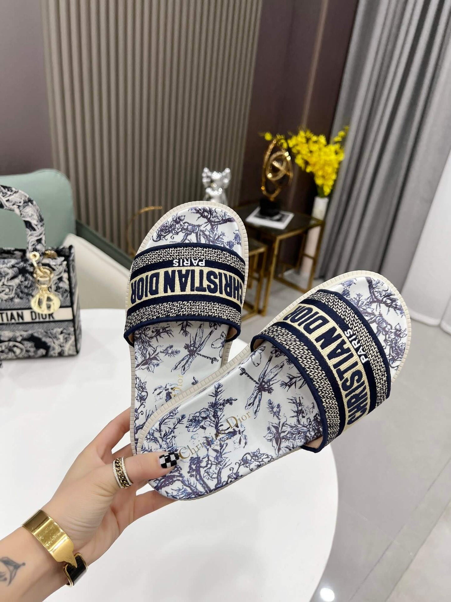 Dior D-Way Navy Blue and White Toile de Jouy with Cream Embroidered Strap Slide