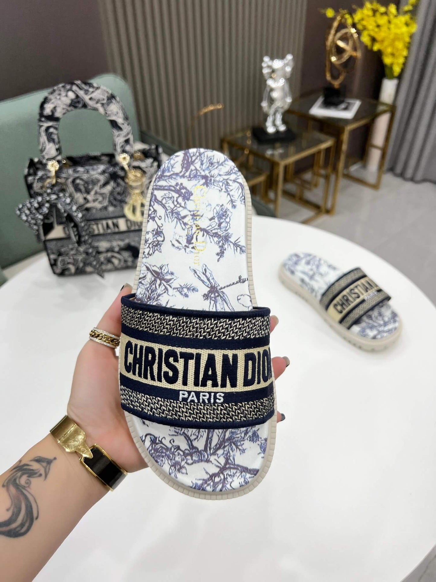 Dior D-Way Navy Blue and White Toile de Jouy with Cream Embroidered Strap Slide