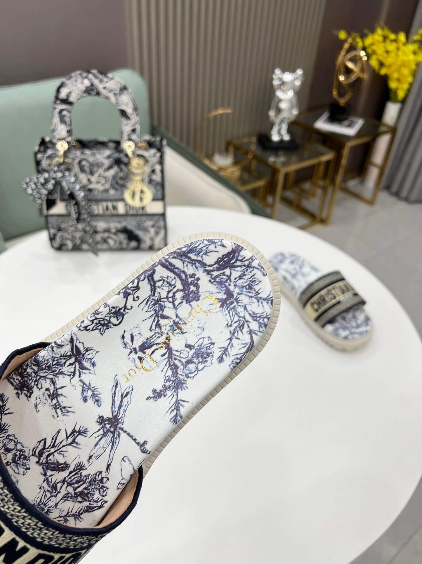 Dior D-Way Navy Blue and White Toile de Jouy with Cream Embroidered Strap Slide