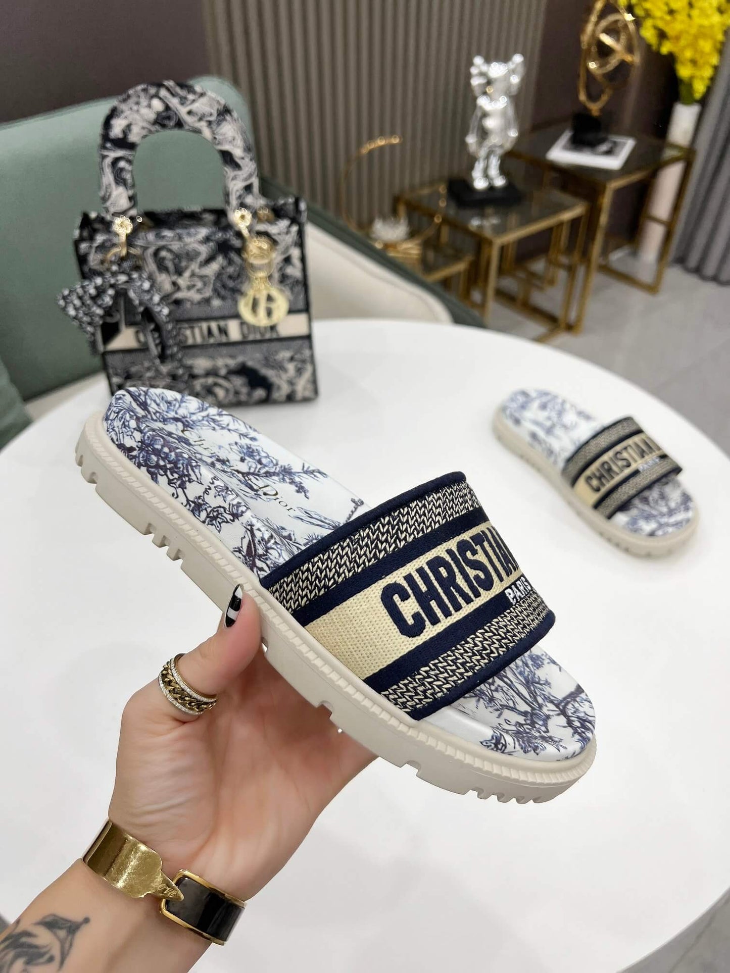 Dior D-Way Navy Blue and White Toile de Jouy with Cream Embroidered Strap Slide