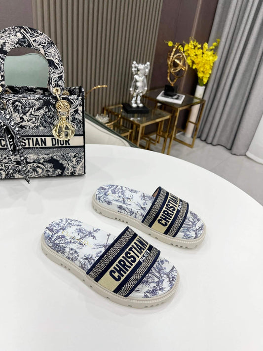 Dior D-Way Navy Blue and White Toile de Jouy with Cream Embroidered Strap Slide