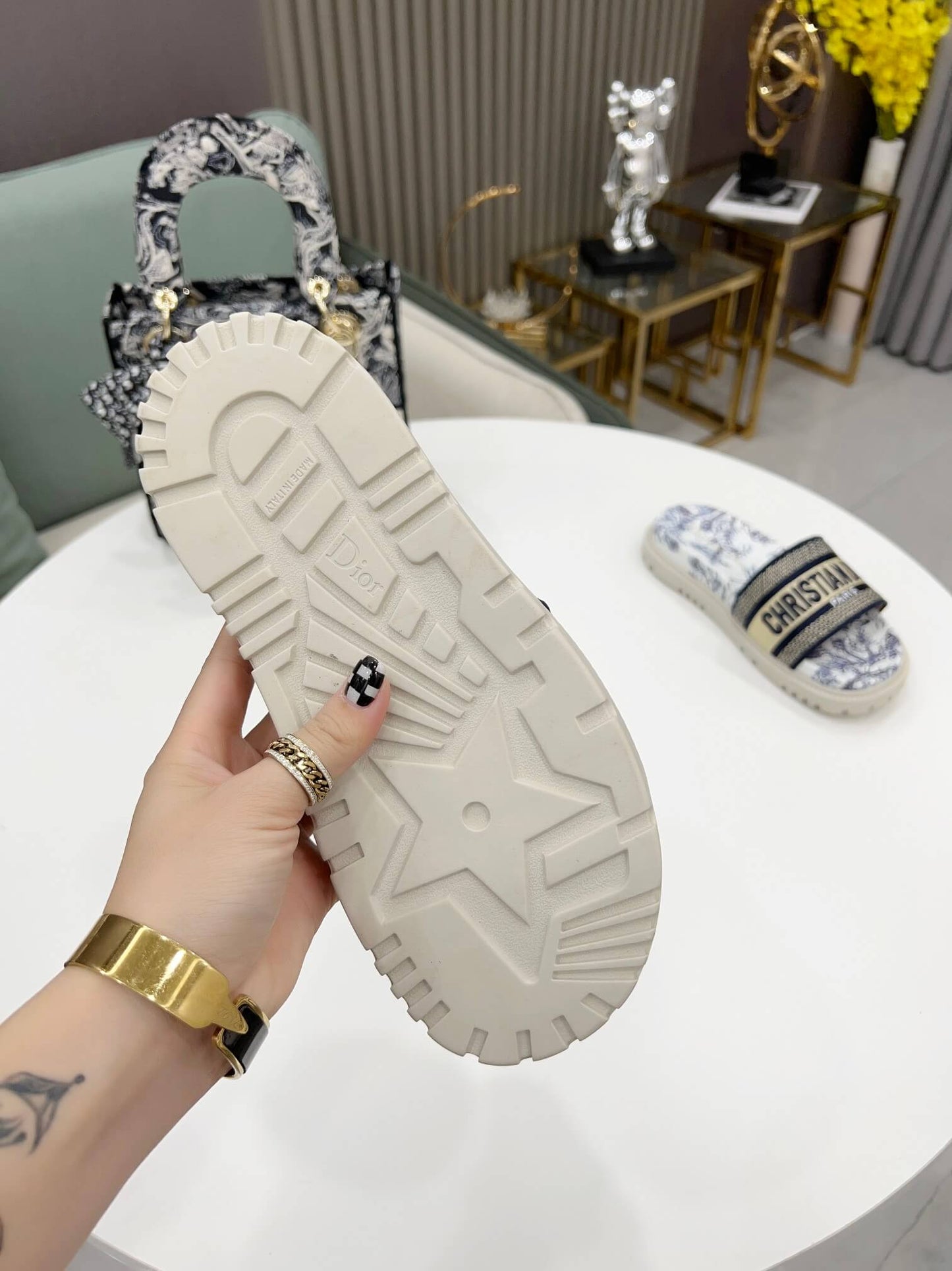 Dior D-Way Navy Blue and White Toile de Jouy with Cream Embroidered Strap Slide