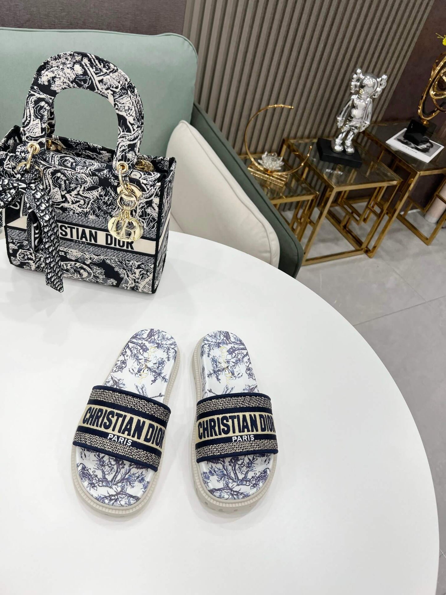 Dior D-Way Navy Blue and White Toile de Jouy with Cream Embroidered Strap Slide