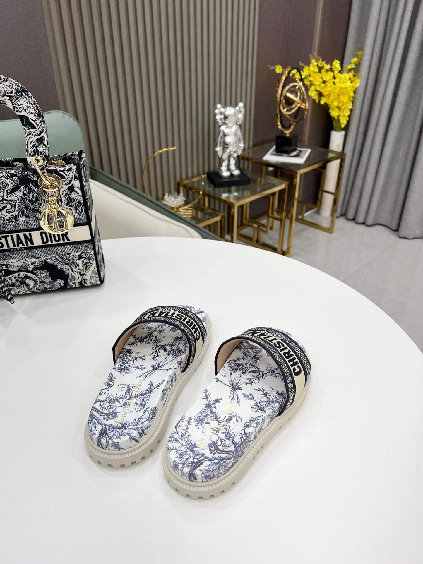 Dior D-Way Navy Blue and White Toile de Jouy with Cream Embroidered Strap Slide