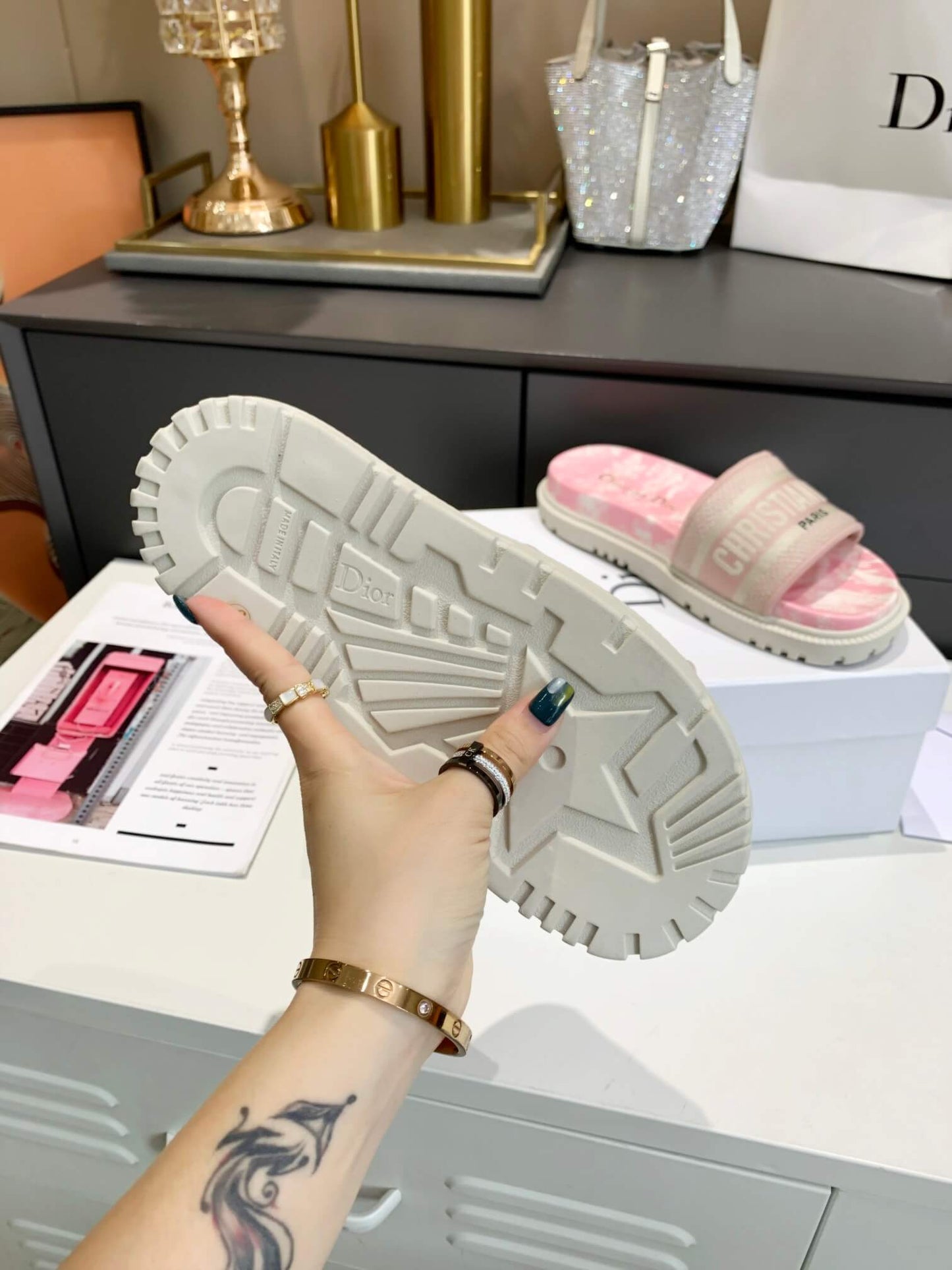 Dior D-Way Pink Marble with Beige Embroidered Strap Slides