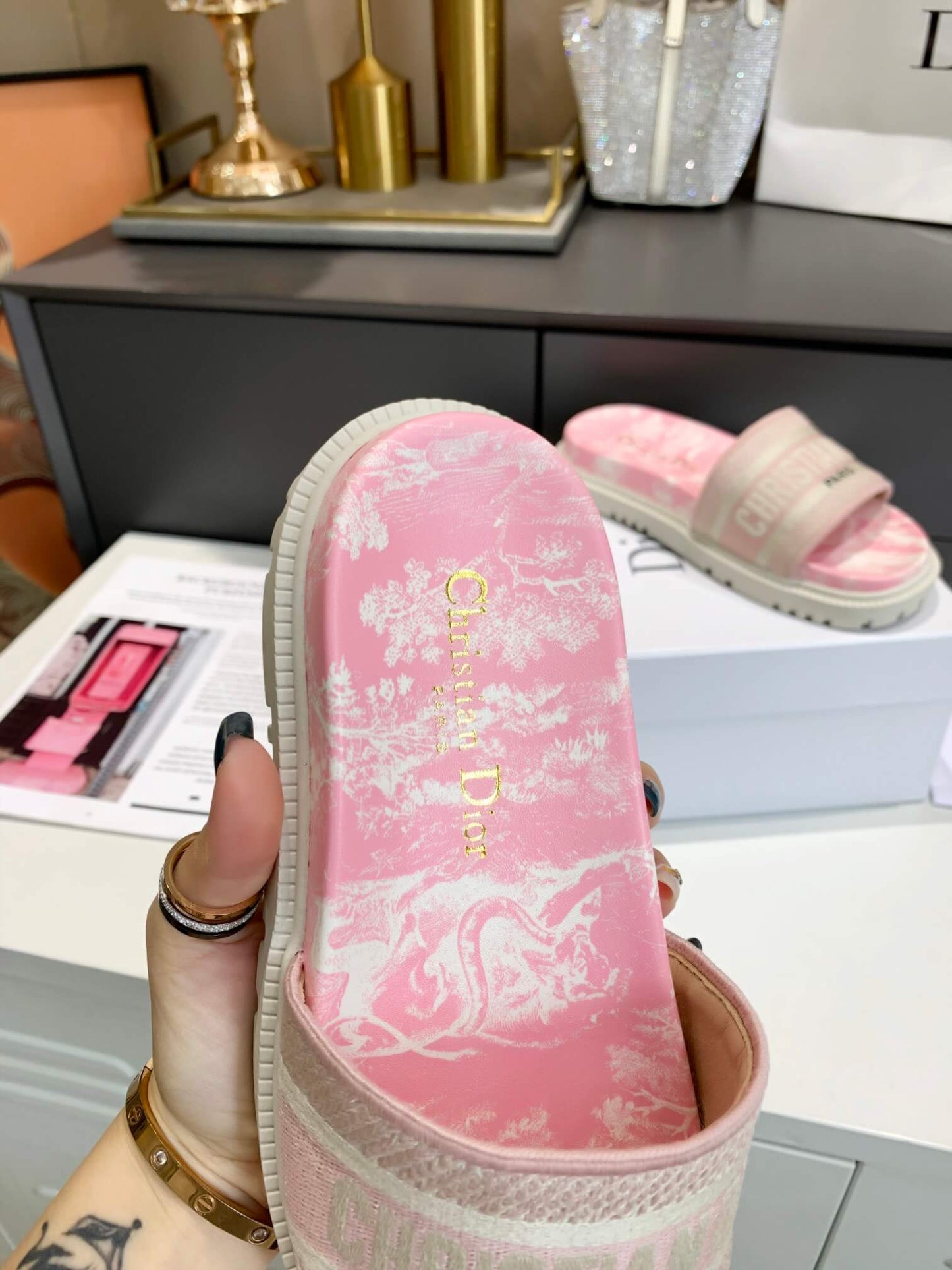 Dior D-Way Pink Marble with Beige Embroidered Strap Slides