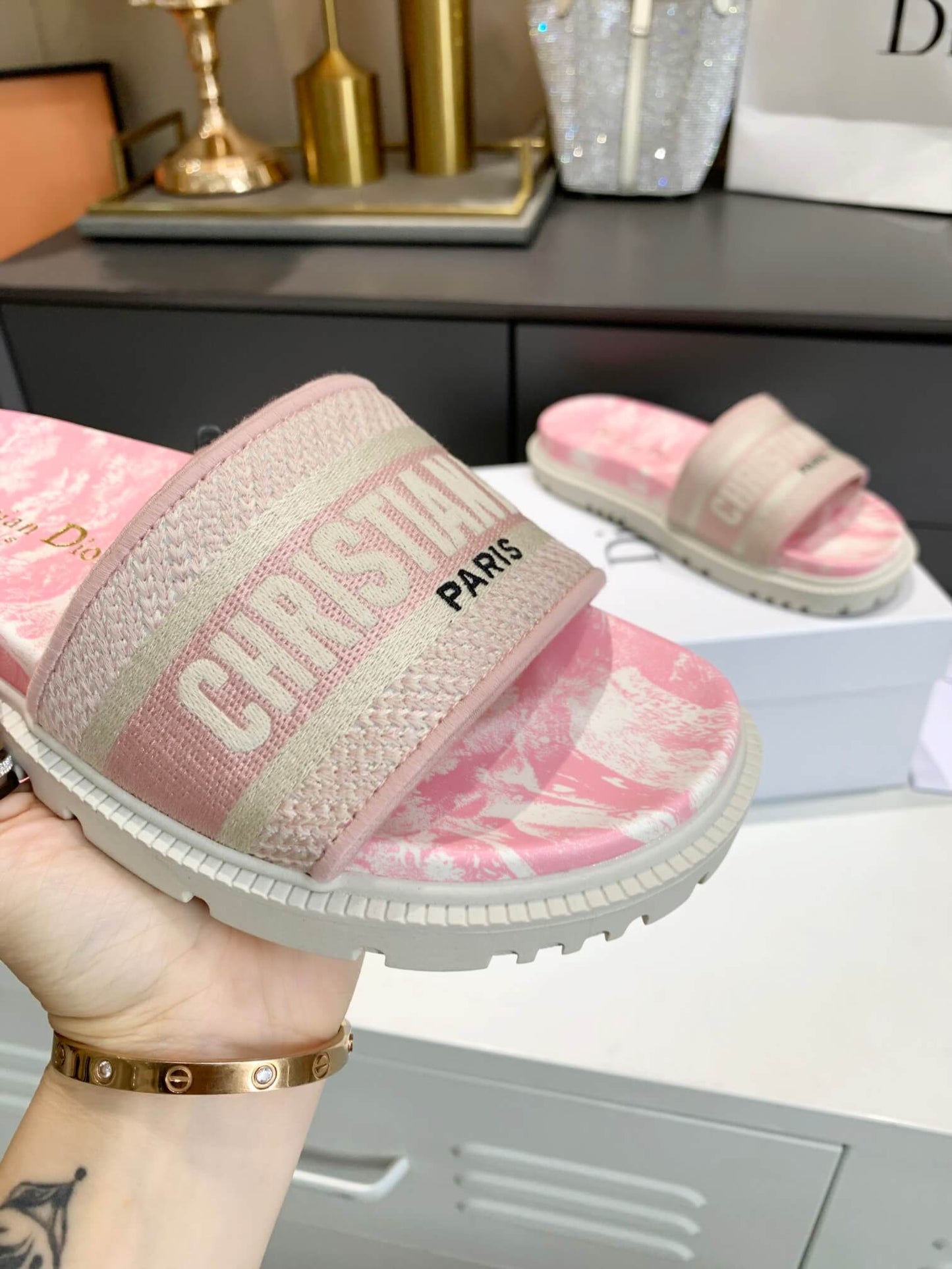 Dior D-Way Pink Marble with Beige Embroidered Strap Slides