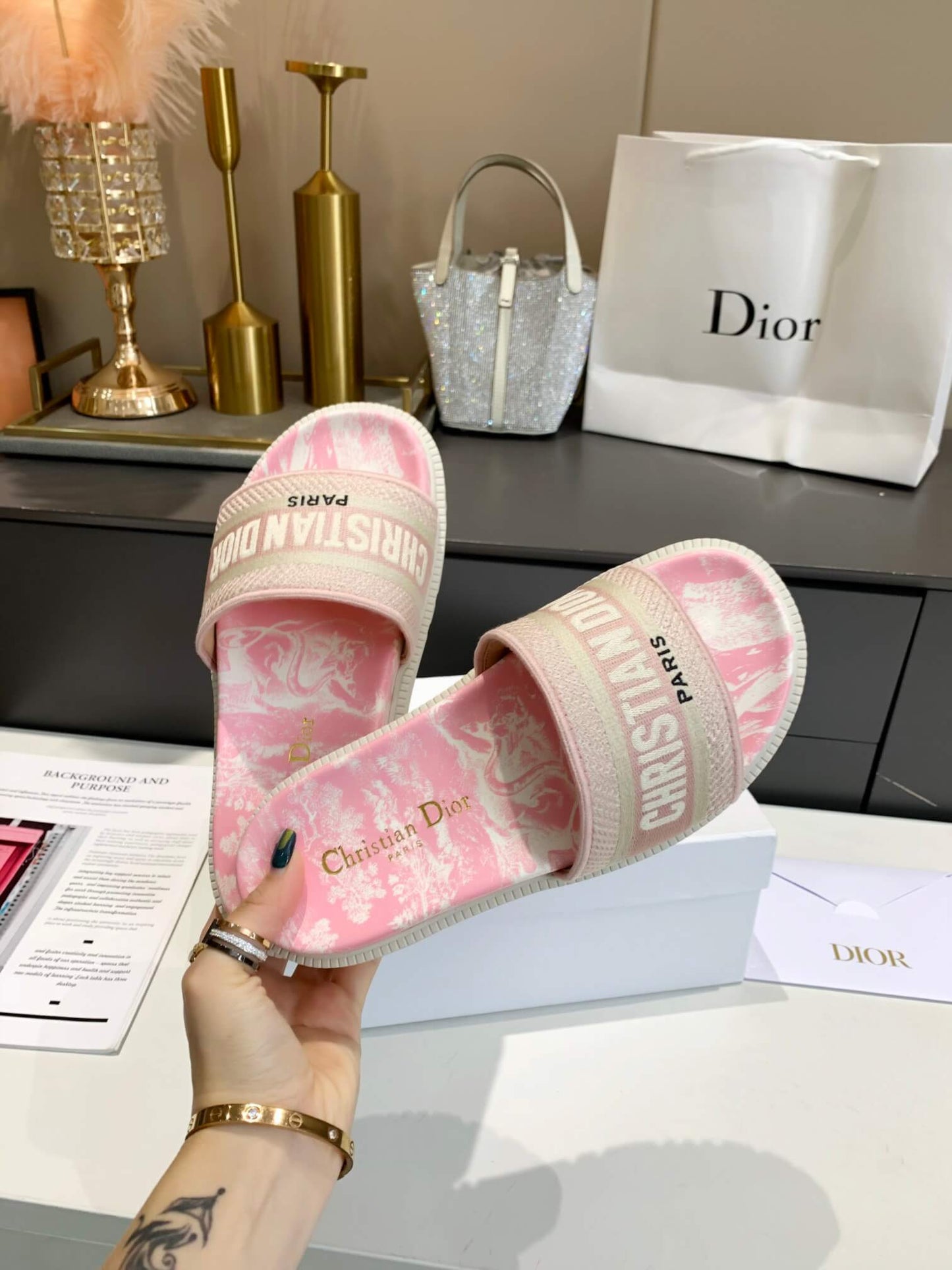 Dior D-Way Pink Marble with Beige Embroidered Strap Slides