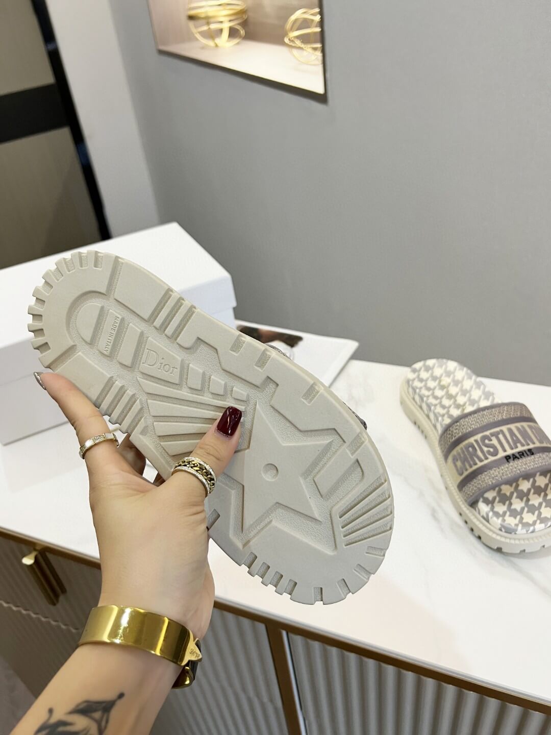 Dior D-Way  Pink and White Houndstooth with Coordinating Embroidered Strap Slides