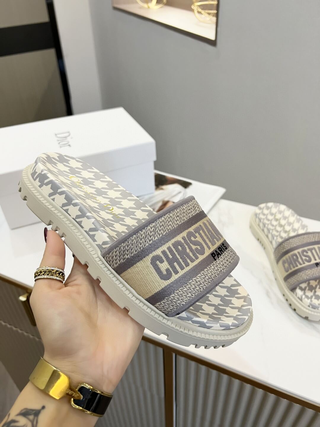 Dior D-Way  Pink and White Houndstooth with Coordinating Embroidered Strap Slides