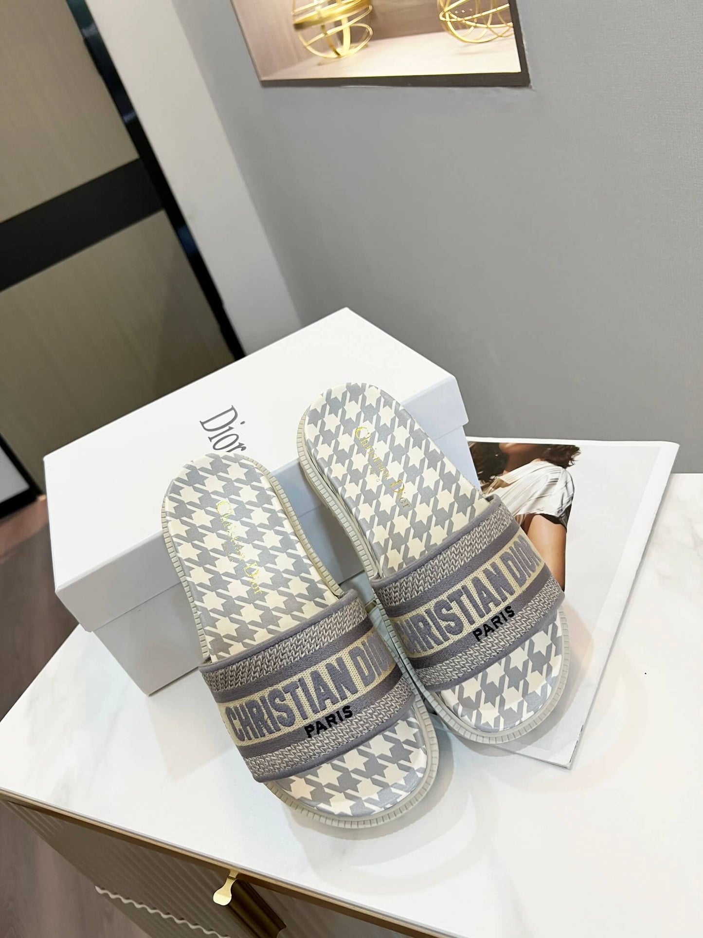 Dior D-Way  Pink and White Houndstooth with Coordinating Embroidered Strap Slides