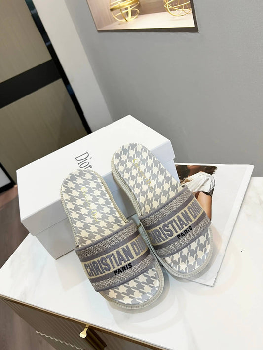 Dior D-Way  Pink and White Houndstooth with Coordinating Embroidered Strap Slides