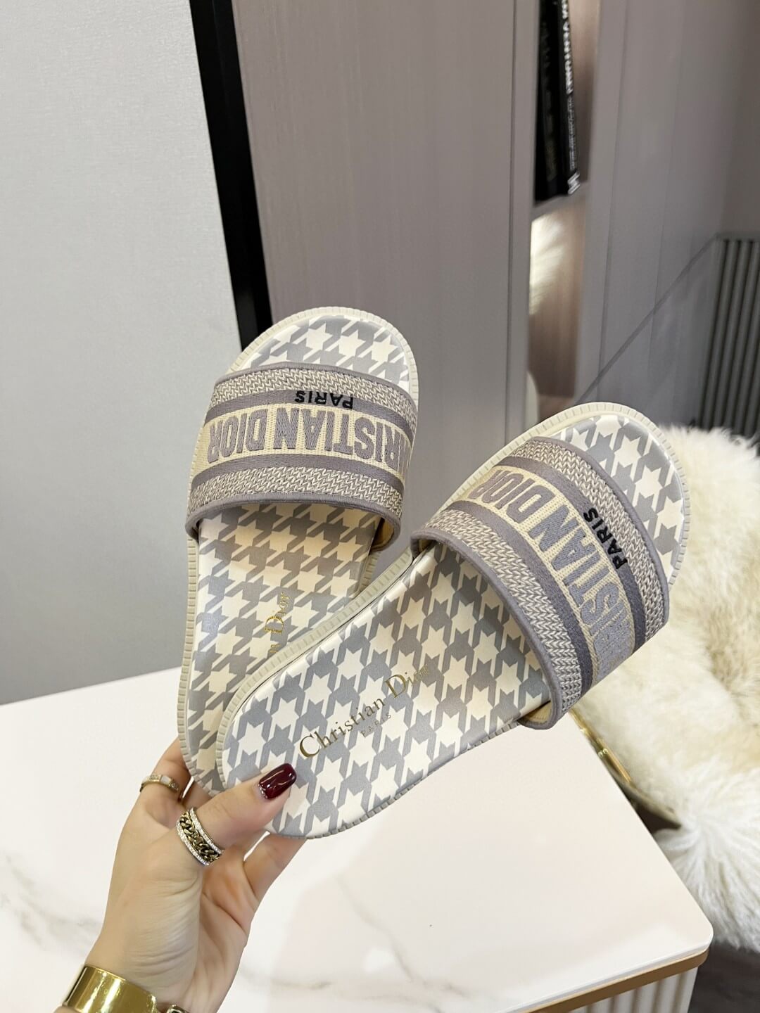 Dior D-Way  Pink and White Houndstooth with Coordinating Embroidered Strap Slides