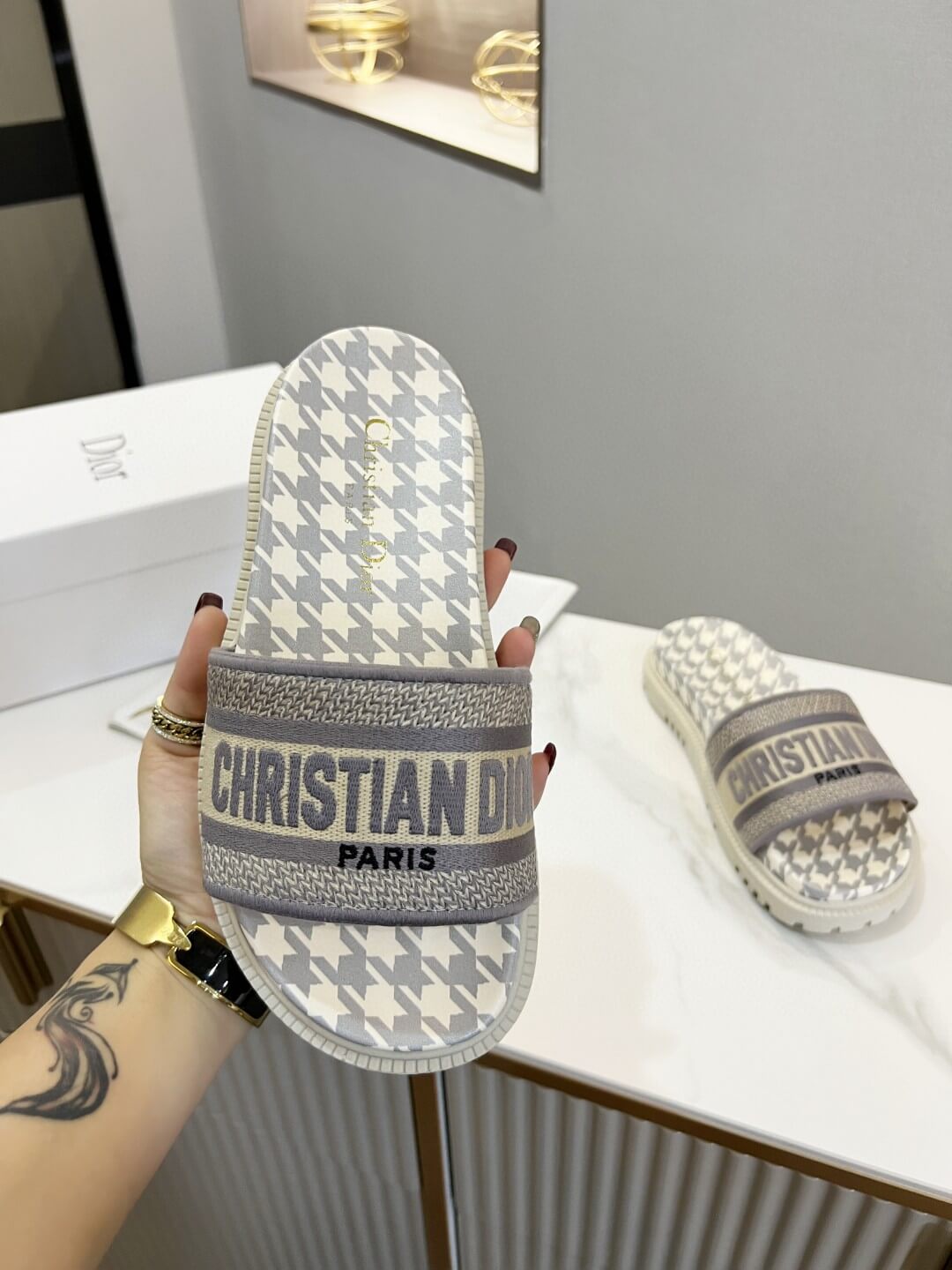 Dior D-Way  Pink and White Houndstooth with Coordinating Embroidered Strap Slides