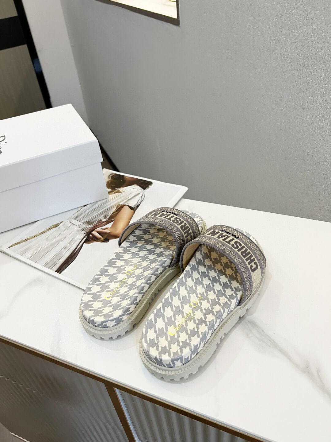 Dior D-Way  Pink and White Houndstooth with Coordinating Embroidered Strap Slides